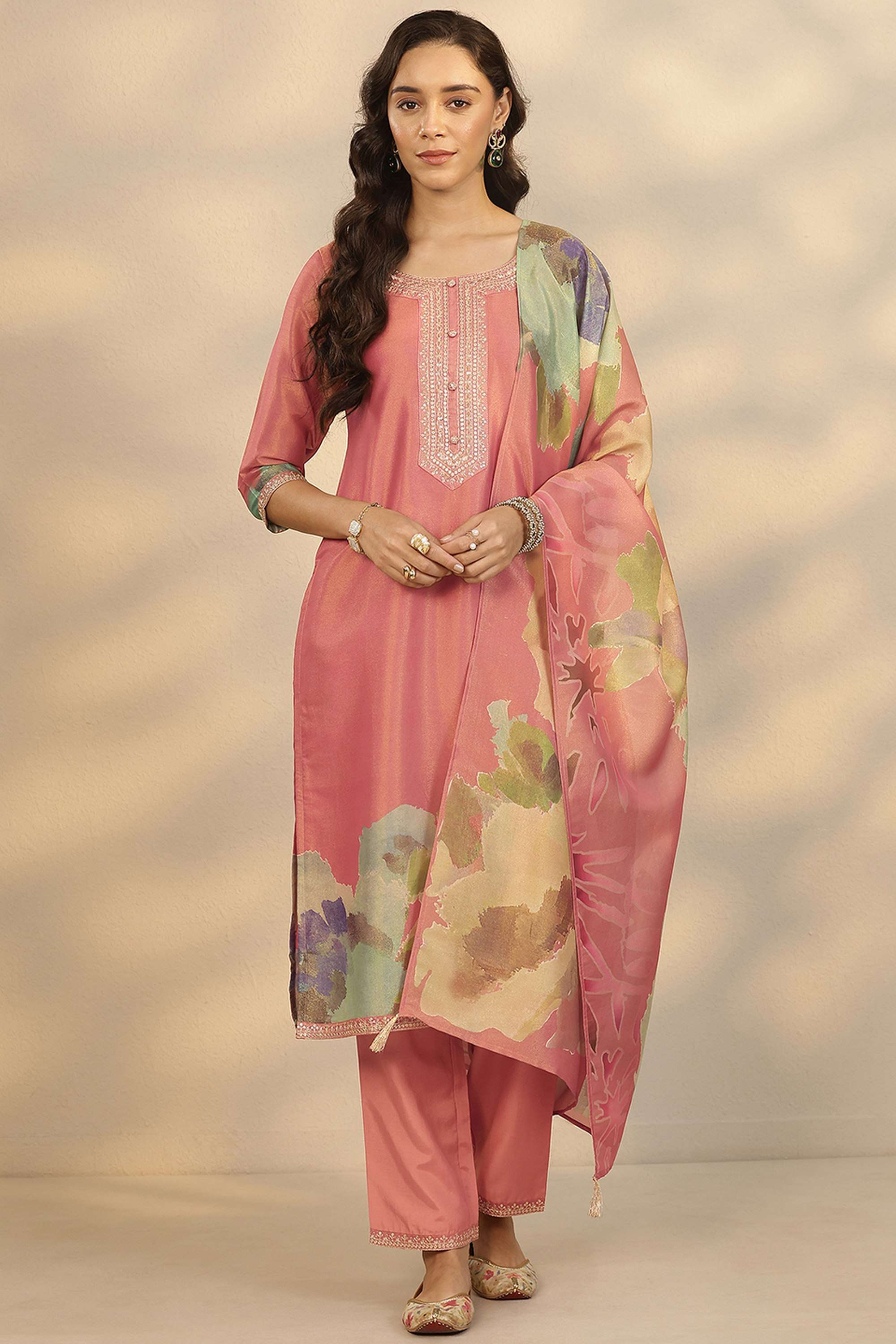 Solid-Blended-Fabric-Round-Neck-Women-s-Festive-Wear-Kurta-Set