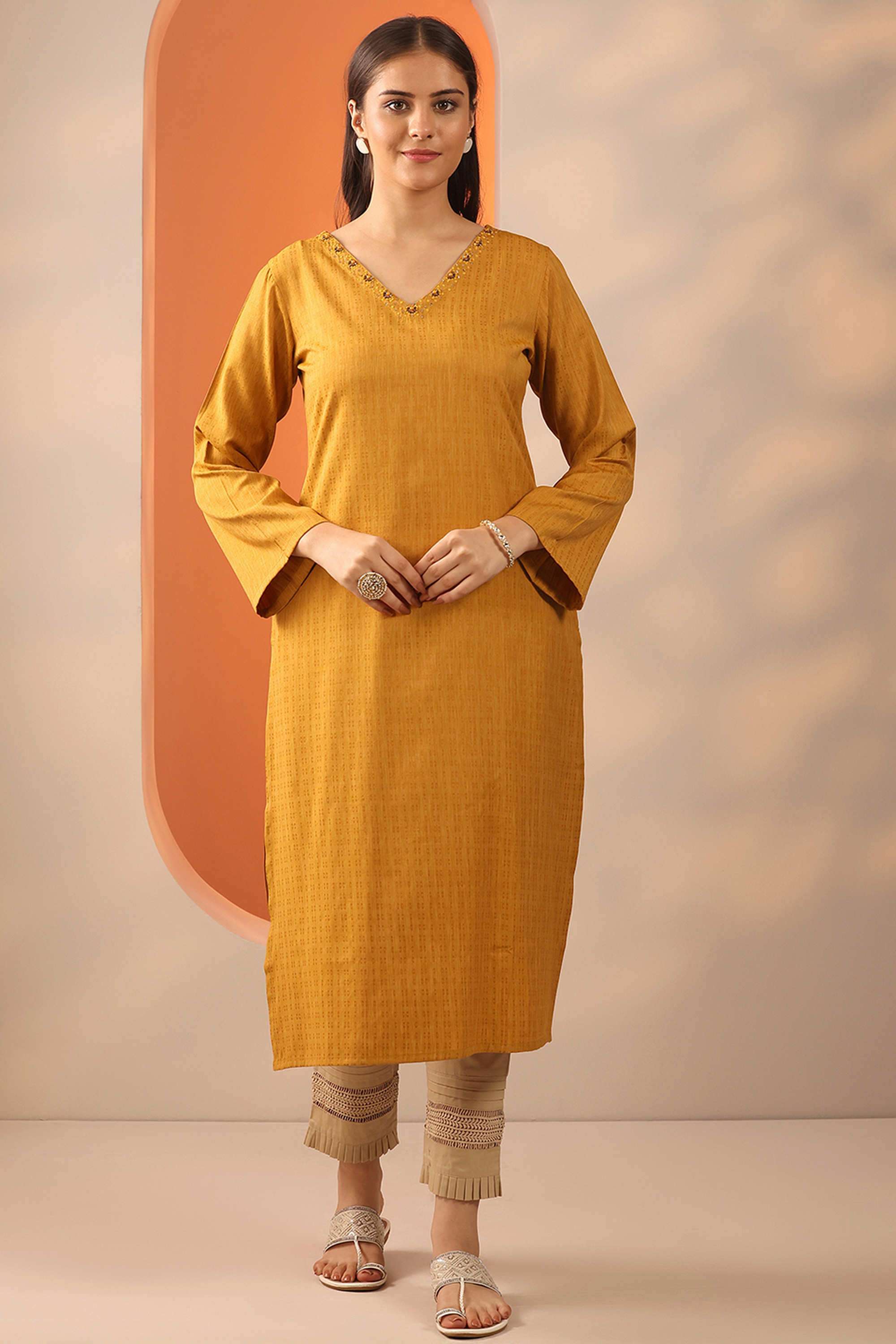 Stripes-Rayon-V-Neck-Women-s-Casual-Wear-Kurta