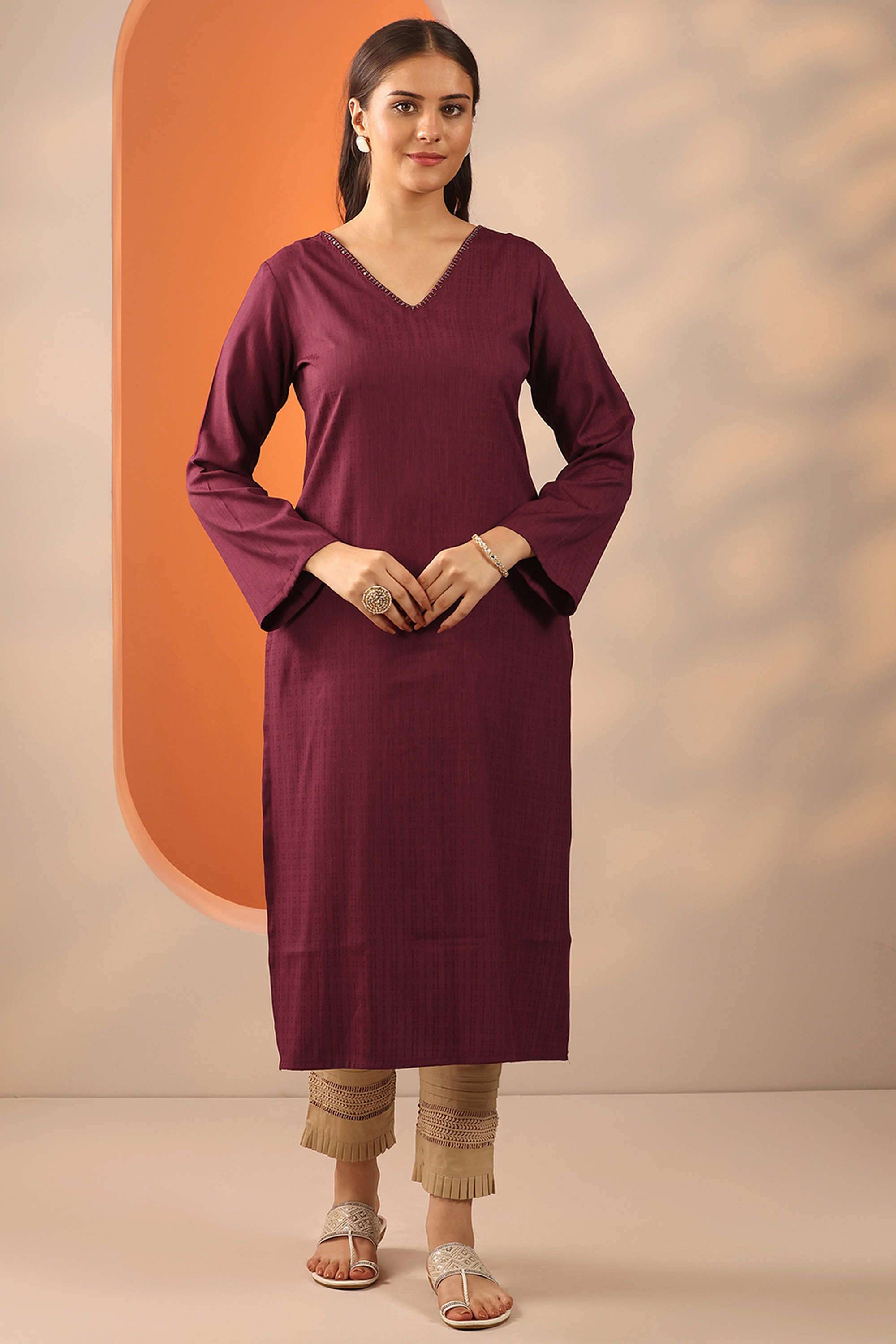 Stripes-Rayon-V-Neck-Women-s-Casual-Wear-Kurta