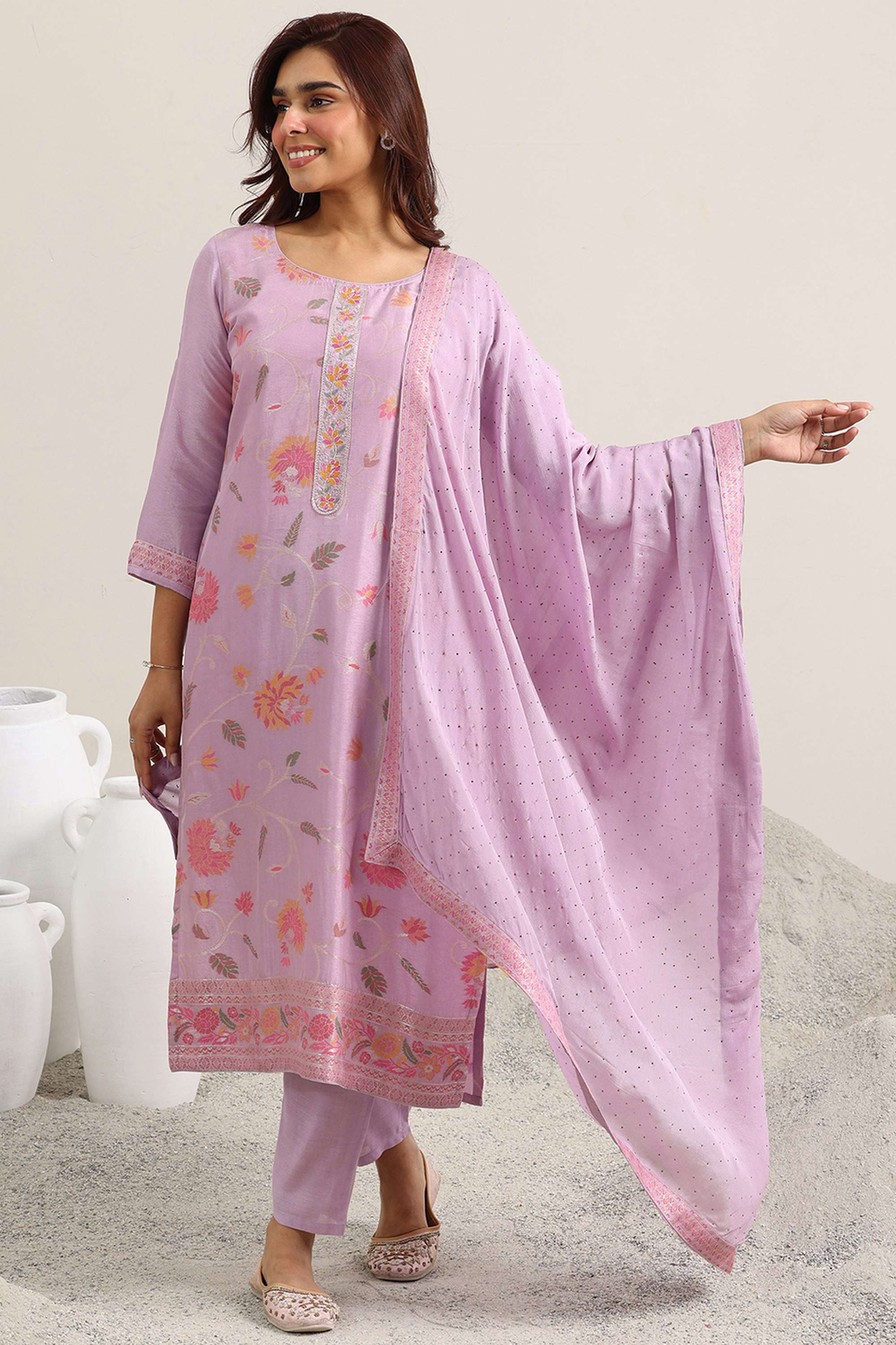Floral-Silk-Regular-Fit-Round-Neck-Women-s-Festive-wear-Kurta