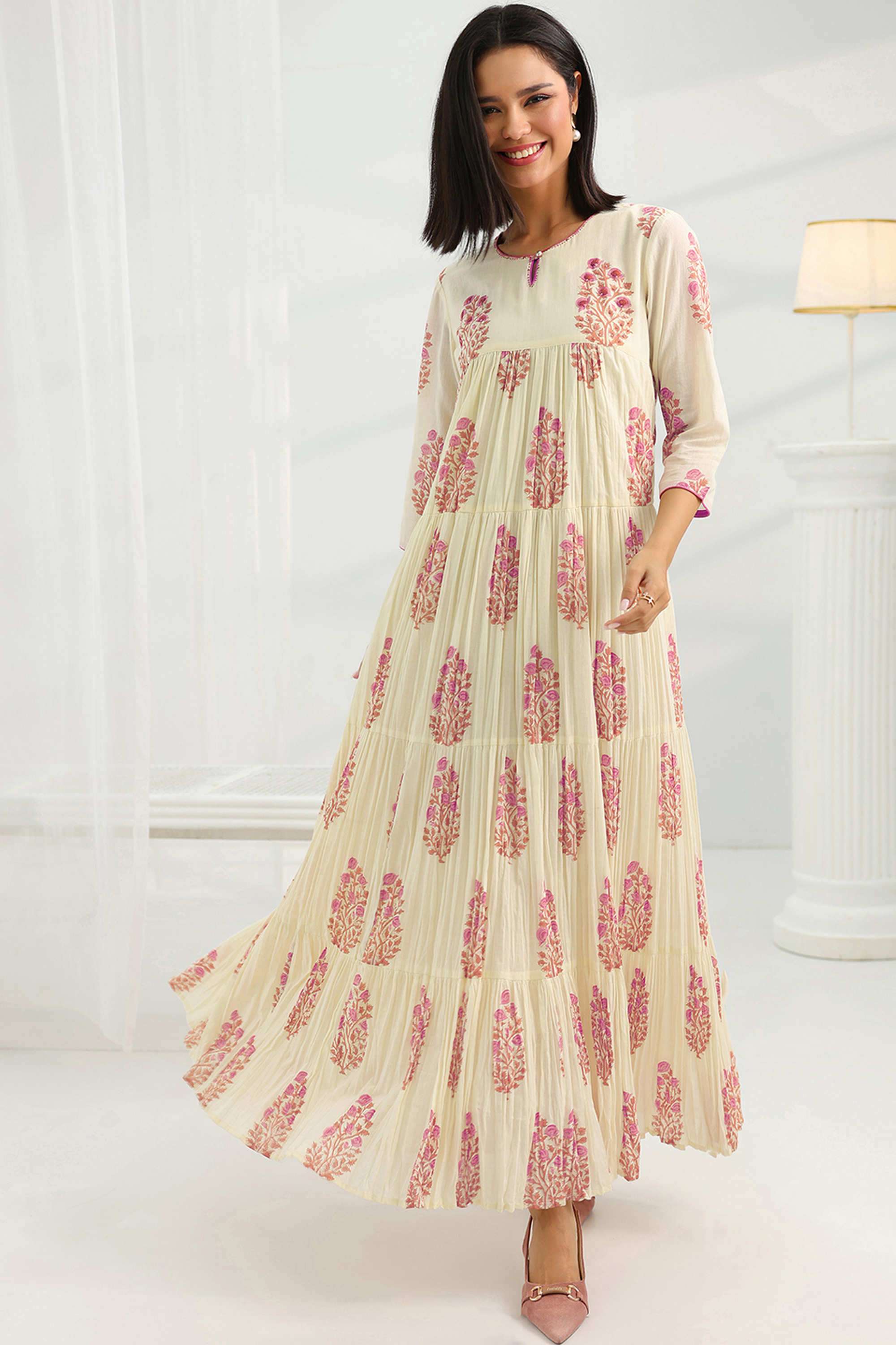 Floral-Round-Neck-Cotton-Women-s-Ankle-Length-Dress