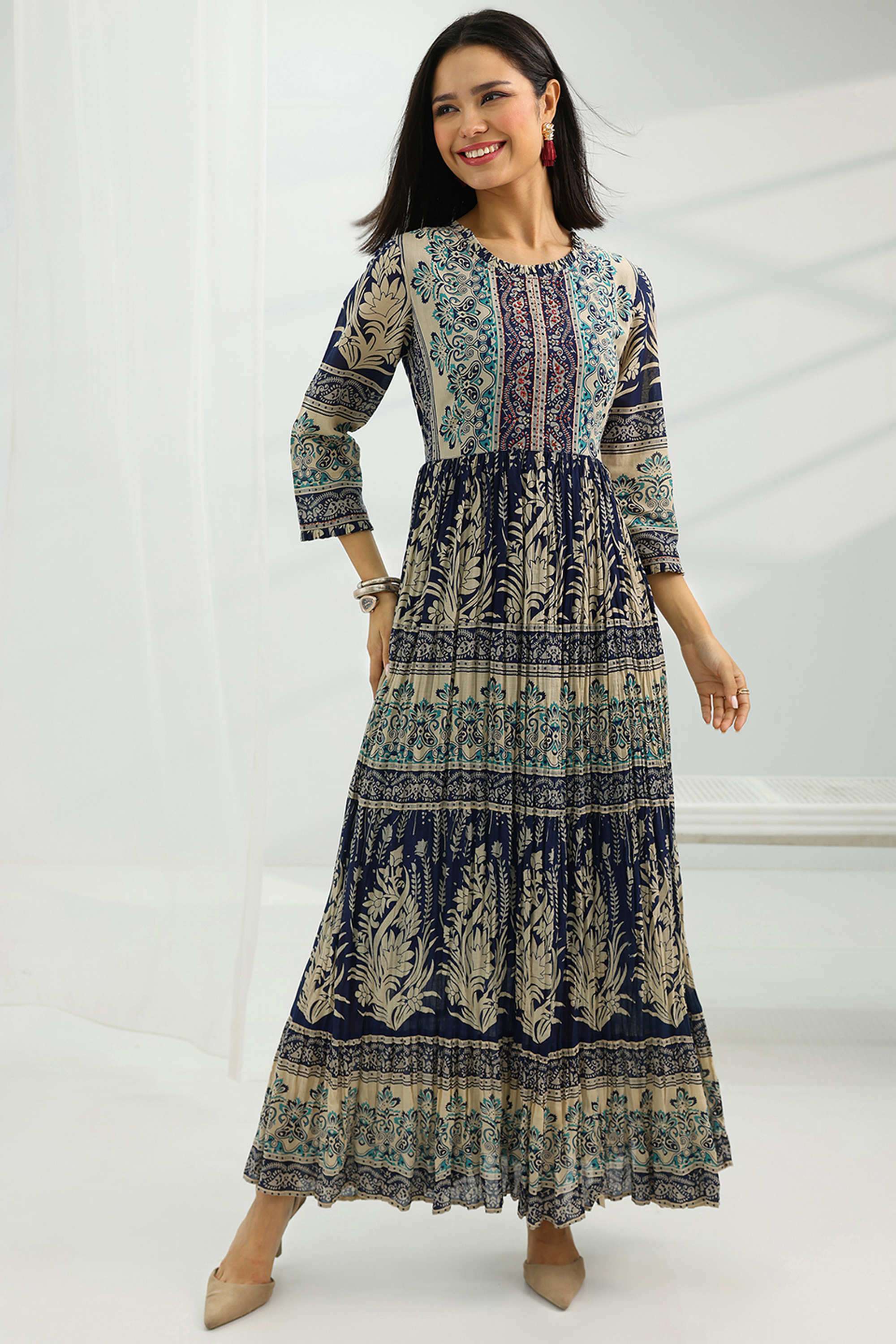 Printed-Round-Neck-Cotton-Women-s-Ankle-Length-Dress