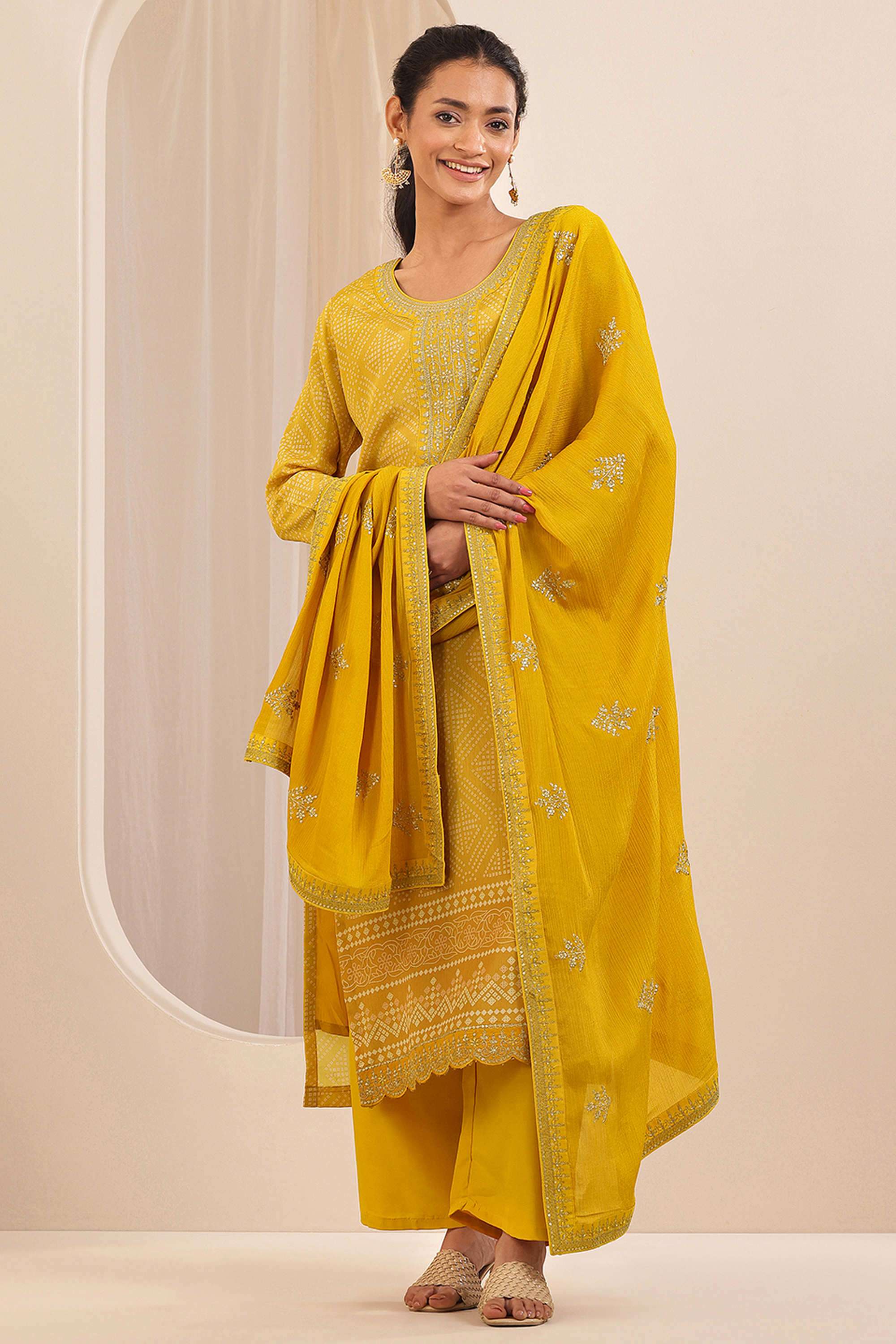 Chevron-Calf-Length-Chinon-Woven-Women-s-Kurta-Set