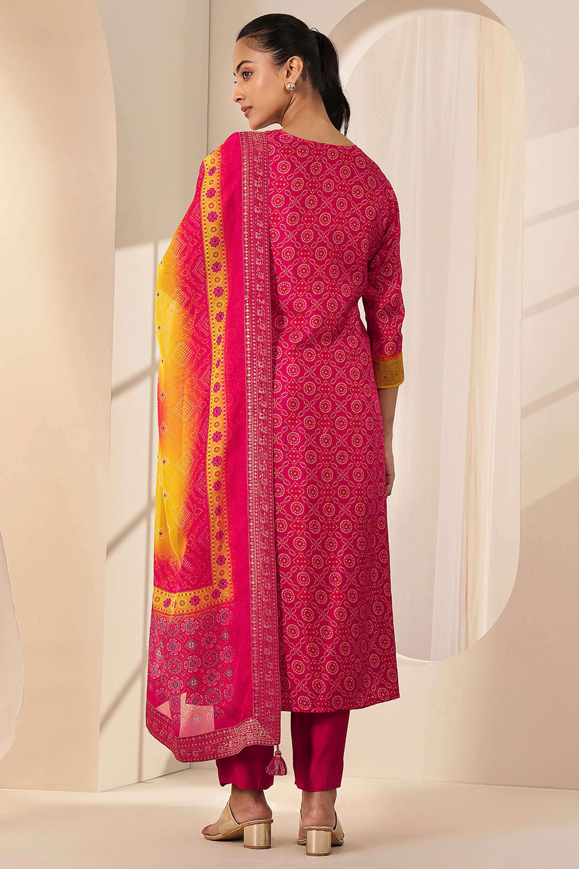 Printed-Calf-Length-Silk-blend-Woven-Women-s-Kurta-Set