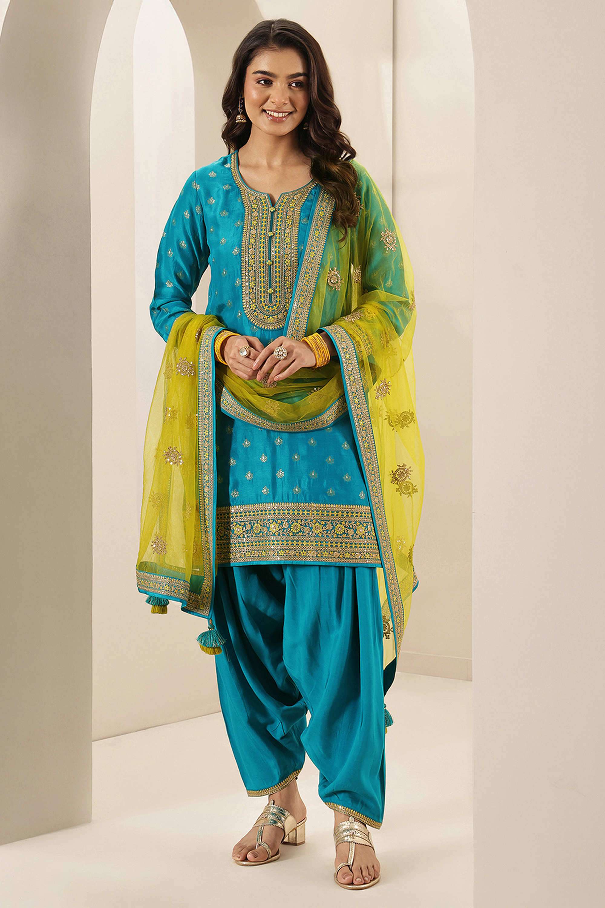 Embroidered-Knee-Length-Silk-blend-Woven-Women-s-Kurta-Set