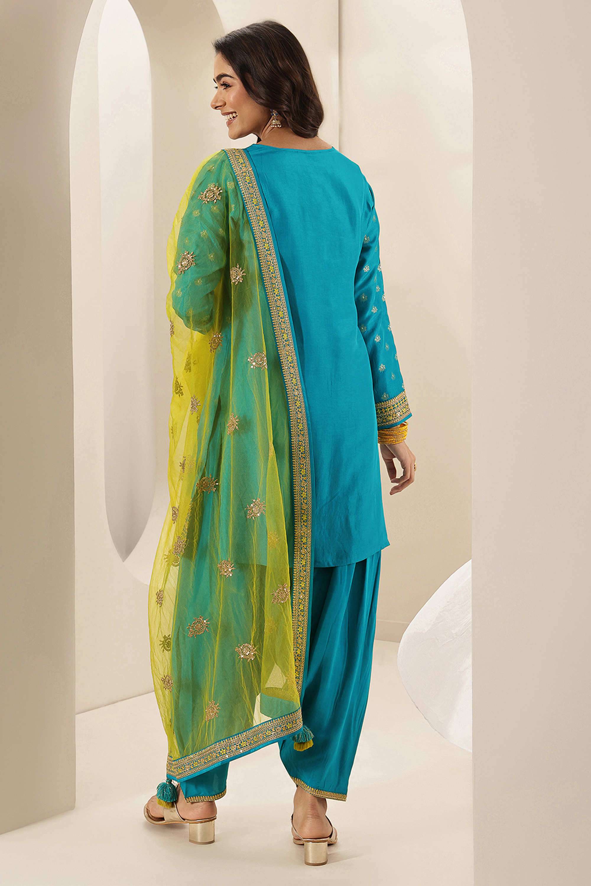 Embroidered-Knee-Length-Silk-blend-Woven-Women-s-Kurta-Set