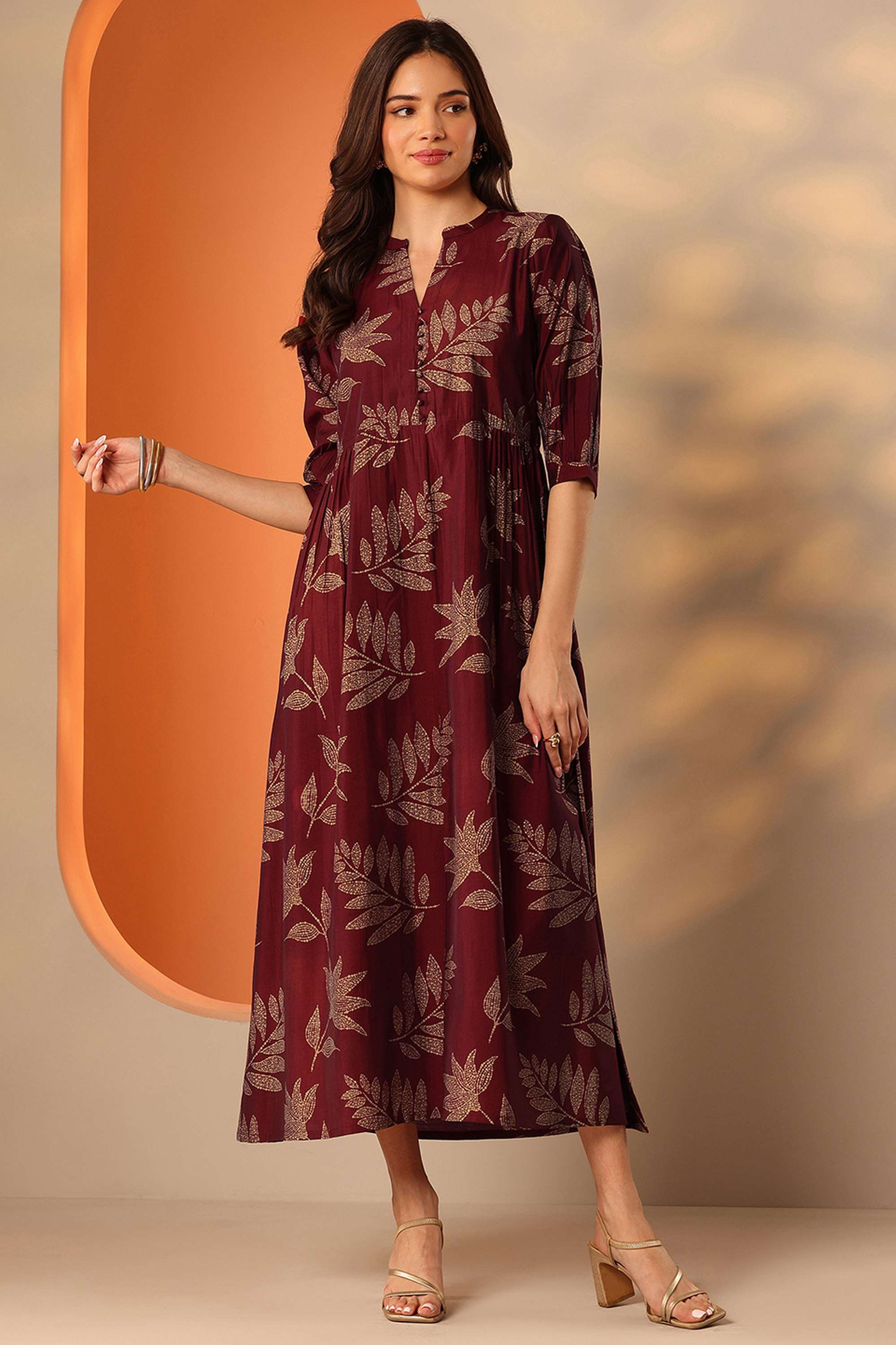 Printed-Blended-Fabric-Round-Neck-Women-s-Dress