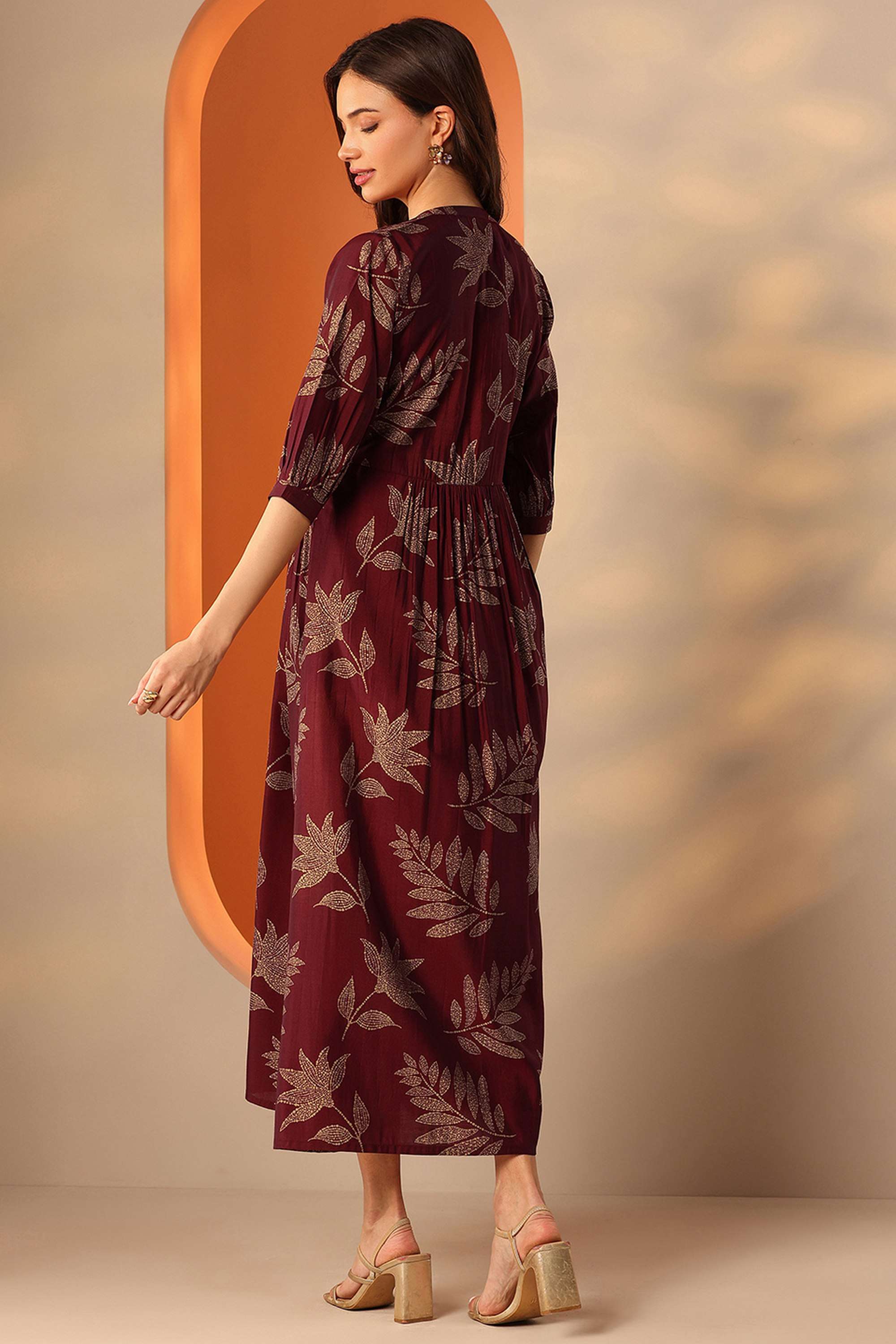 Printed-Blended-Fabric-Round-Neck-Women-s-Dress