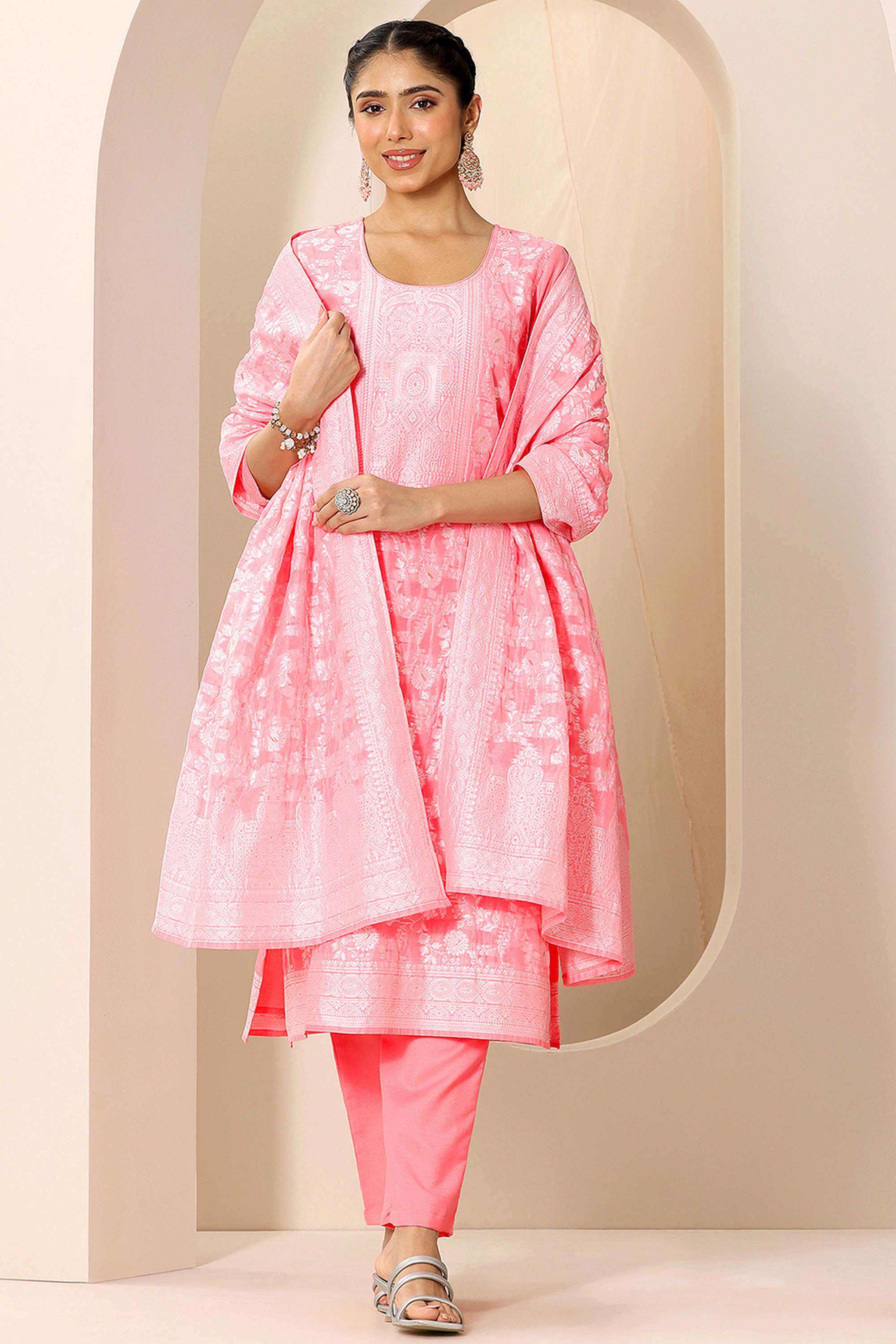 Floral-Calf-Length-Silk-Blend-Woven-Women-s-Kurta-Set