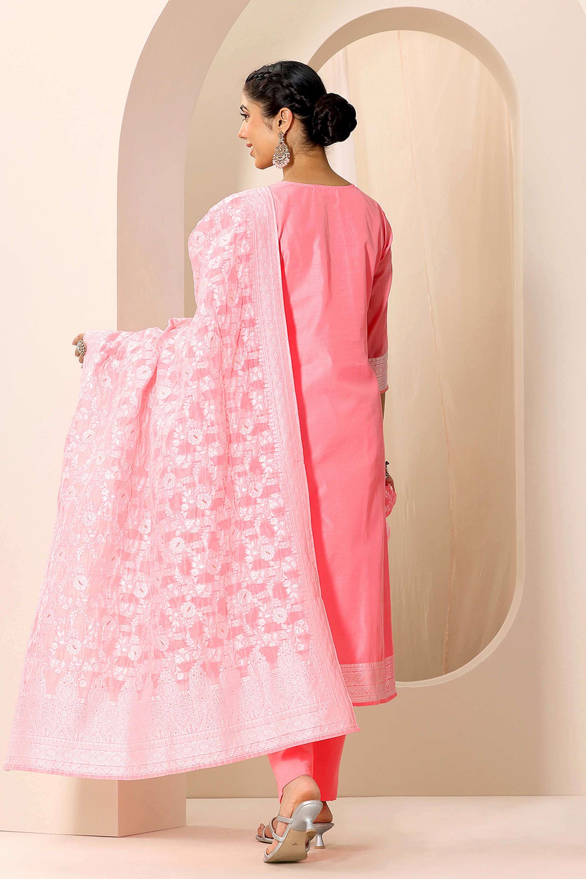 Floral-Calf-Length-Silk-Blend-Woven-Women-s-Kurta-Set