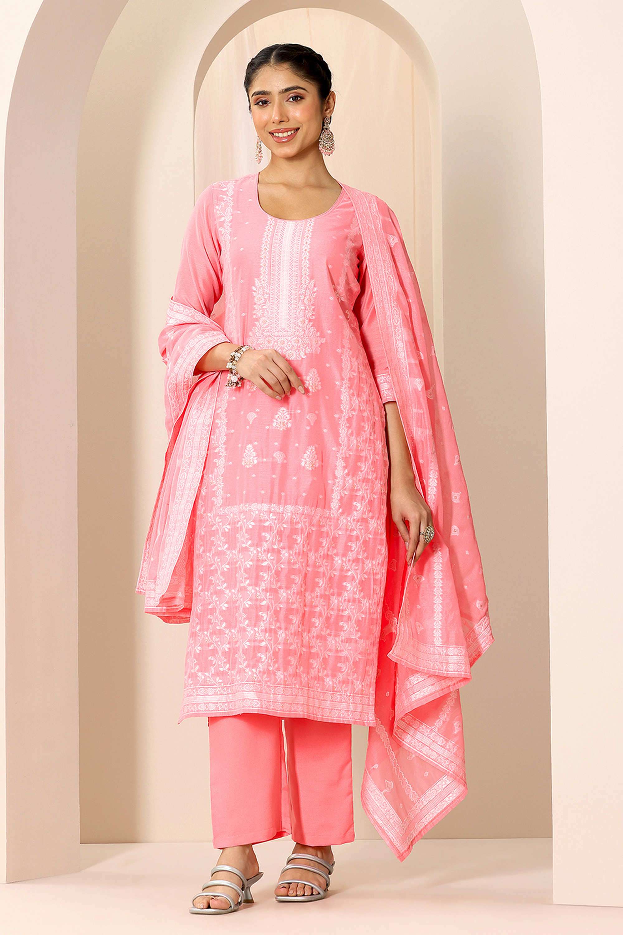 Floral-Calf-Length-Silk-Blend-Woven-Women-s-Kurta-Set