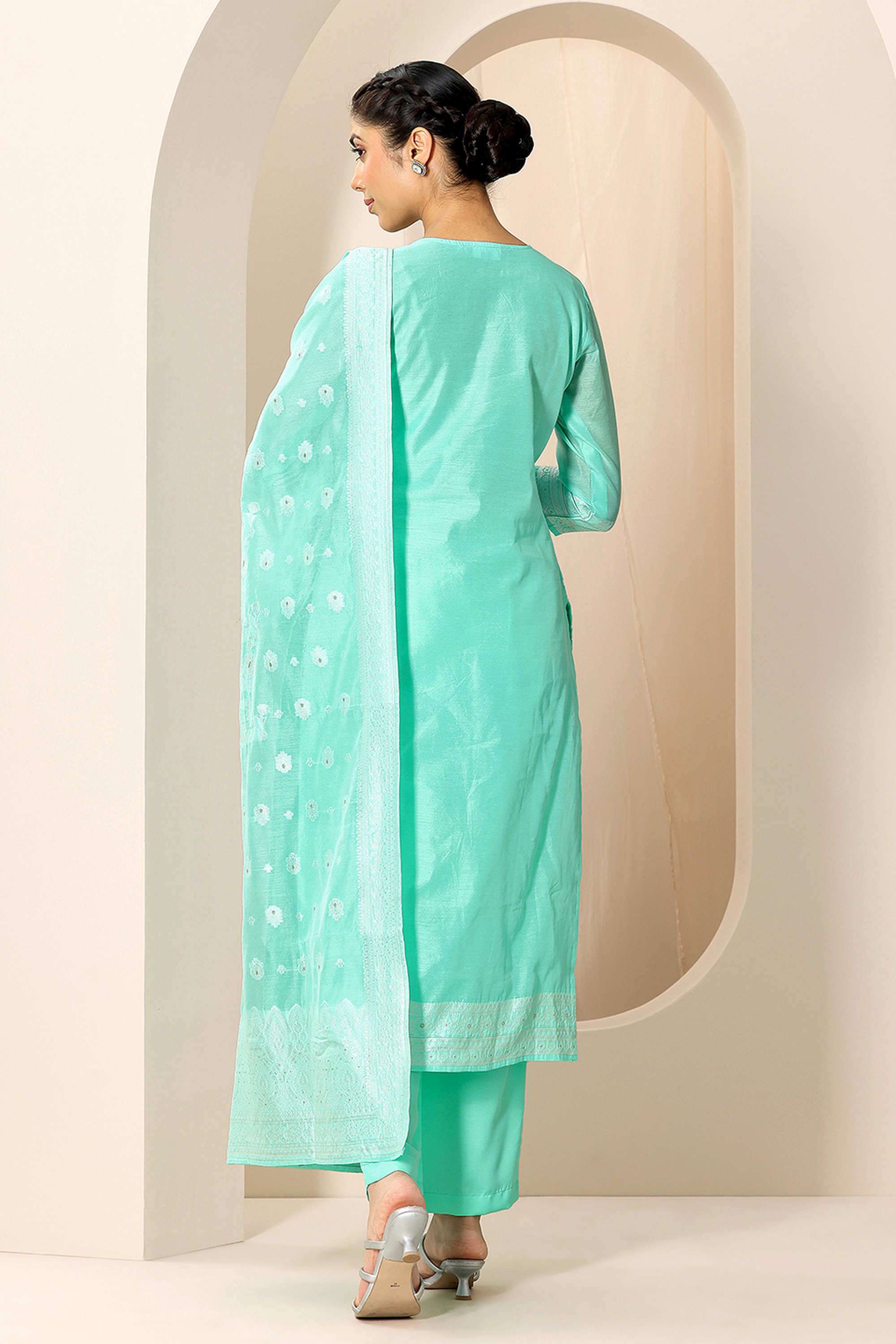 Floral-Calf-Length-Silk-Blend-Woven-Women-s-Kurta-Set