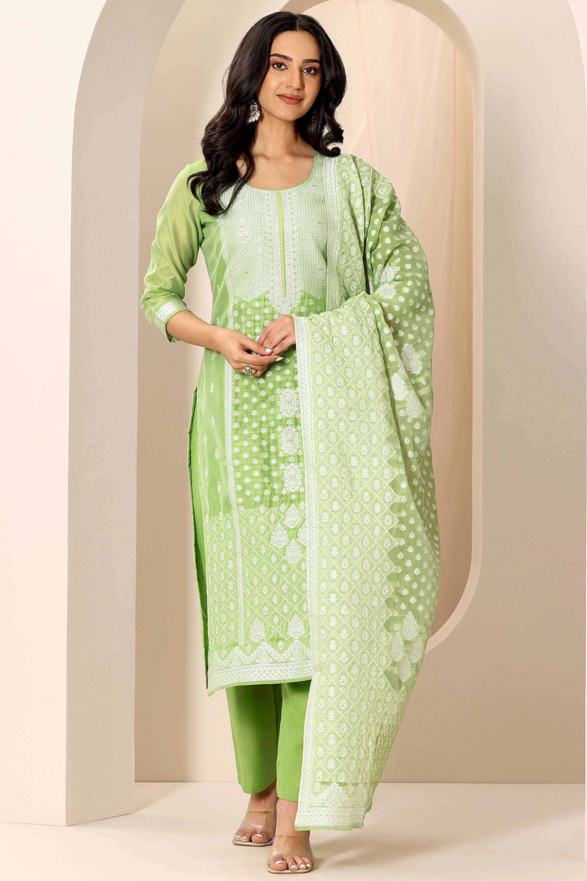 Embroidered-Calf-Length-Silk-Blend-Woven-Women-s-Kurta-Set