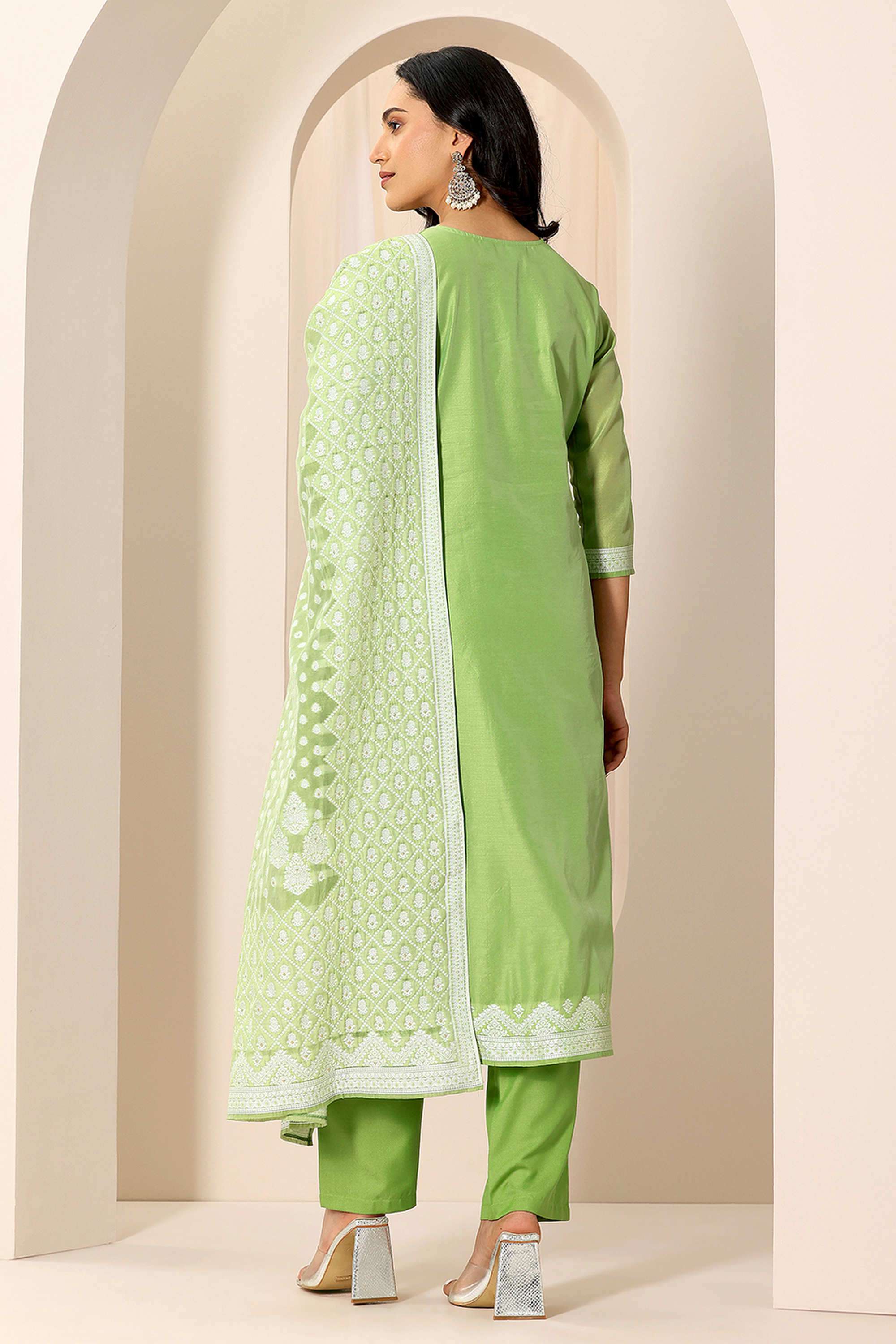 Embroidered-Calf-Length-Silk-Blend-Woven-Women-s-Kurta-Set