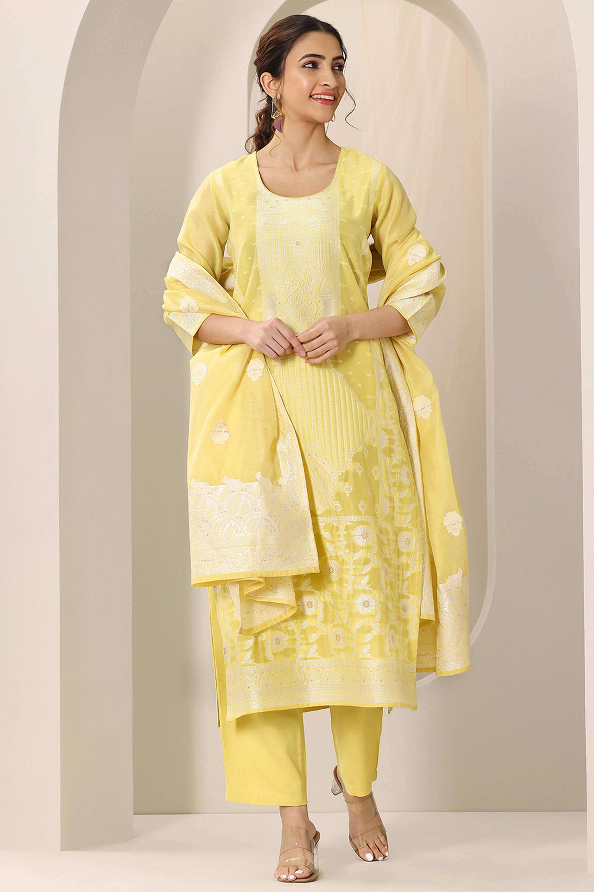 Embroidered-Calf-Length-Silk-Blend-Woven-Women-s-Kurta-Set