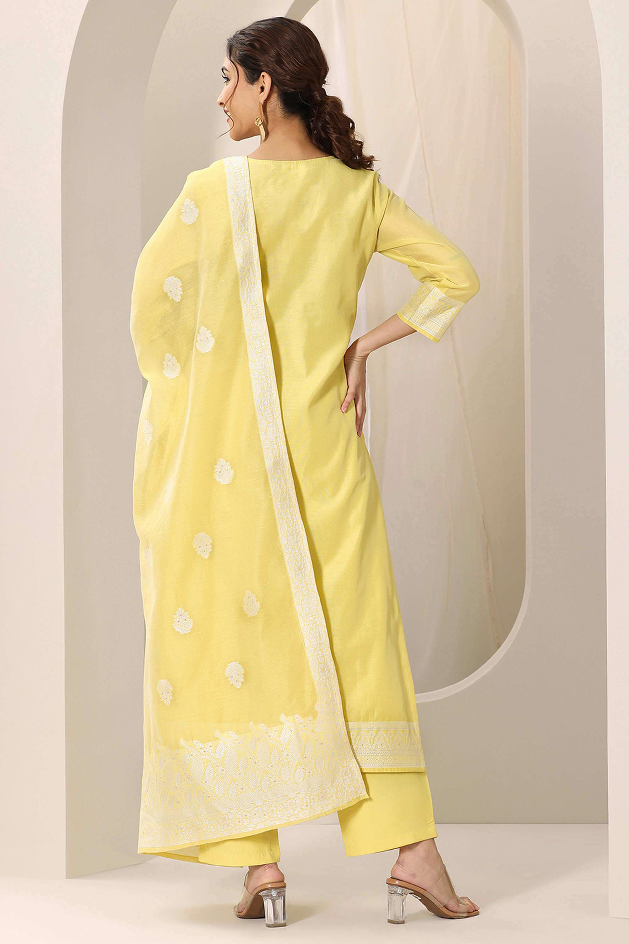 Embroidered-Calf-Length-Silk-Blend-Woven-Women-s-Kurta-Set