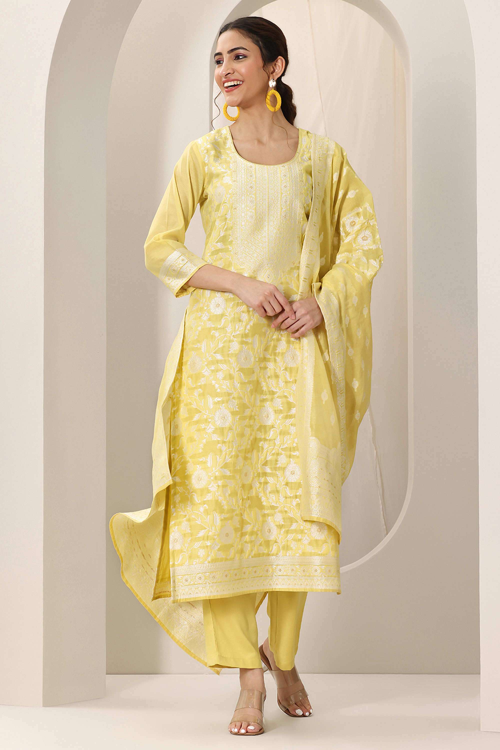 Embroidered-Calf-Length-Silk-Blend-Woven-Women-s-Kurta-Set