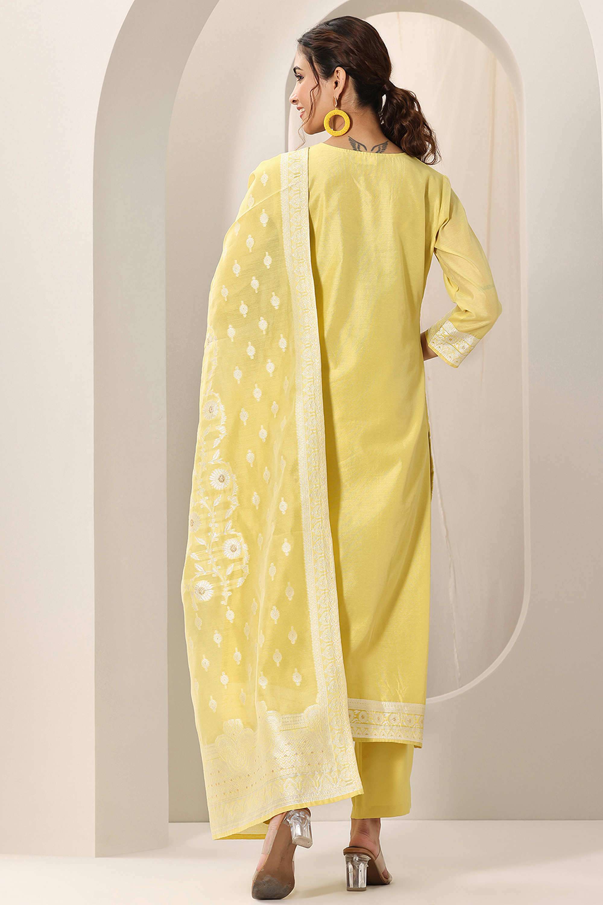 Embroidered-Calf-Length-Silk-Blend-Woven-Women-s-Kurta-Set