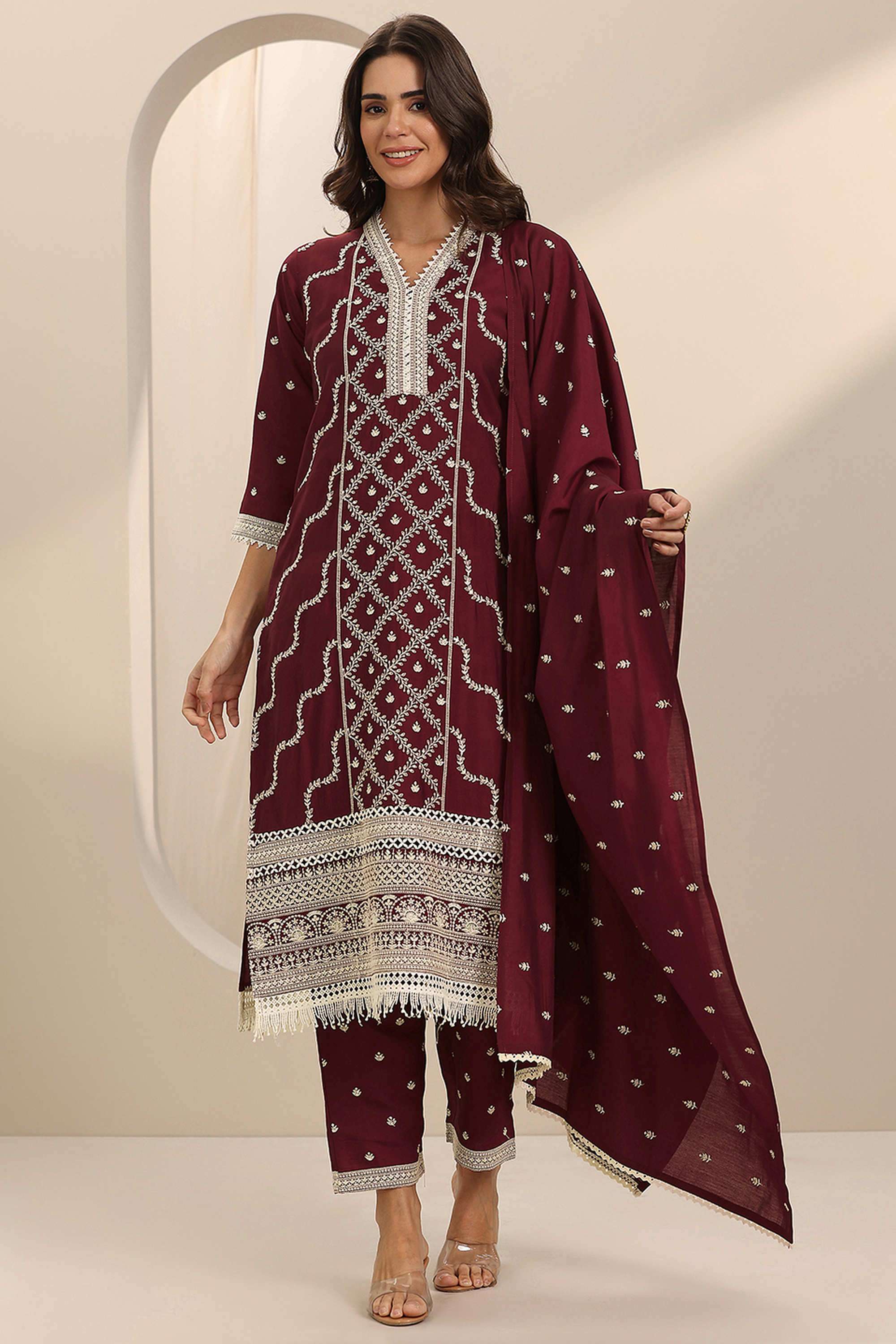 Embroidered-Calf-Length-Silk-Blend-Woven-Women-s-Kurta-Set