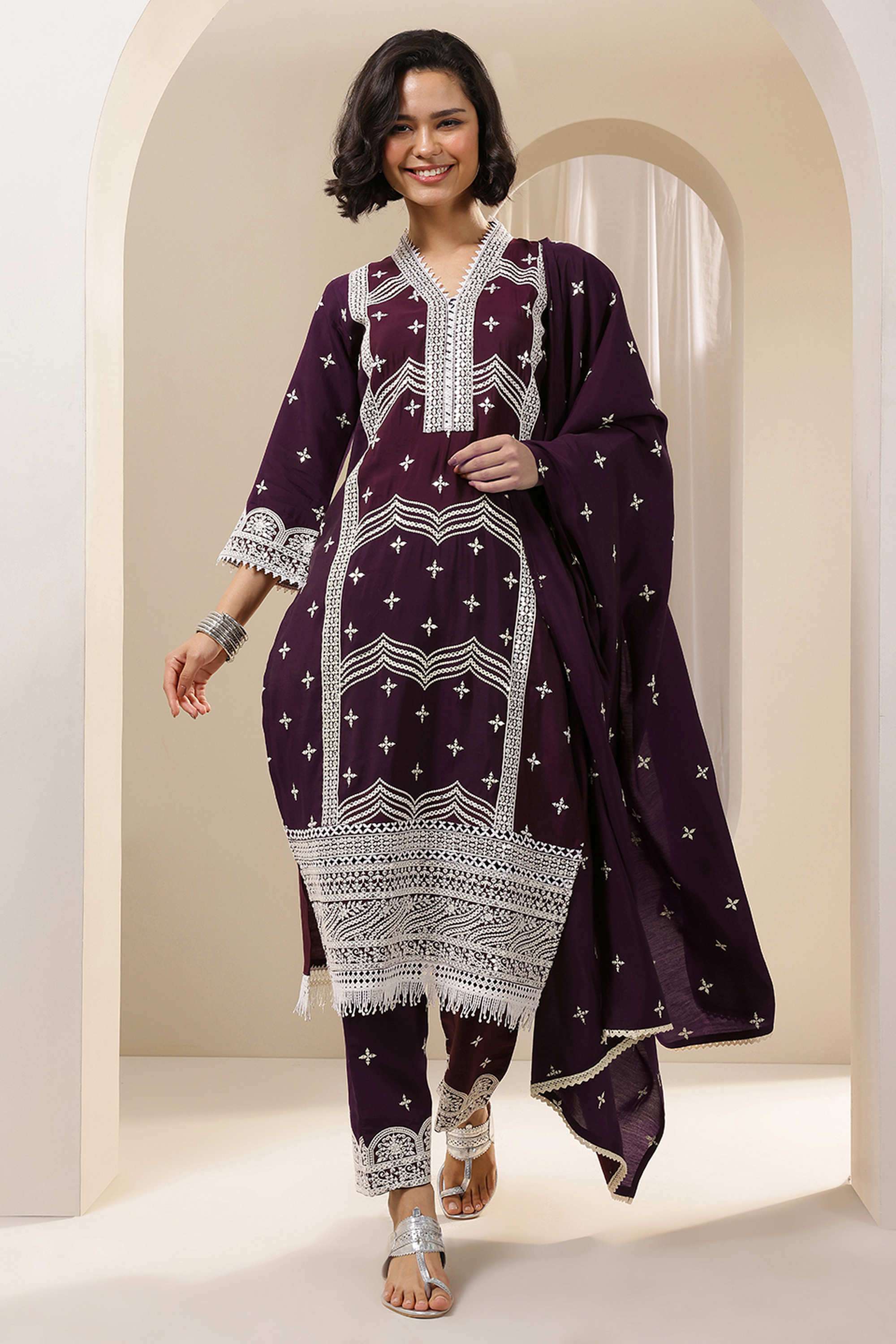 Embroidered-Calf-Length-Silk-Blend-Woven-Women-s-Kurta-Set