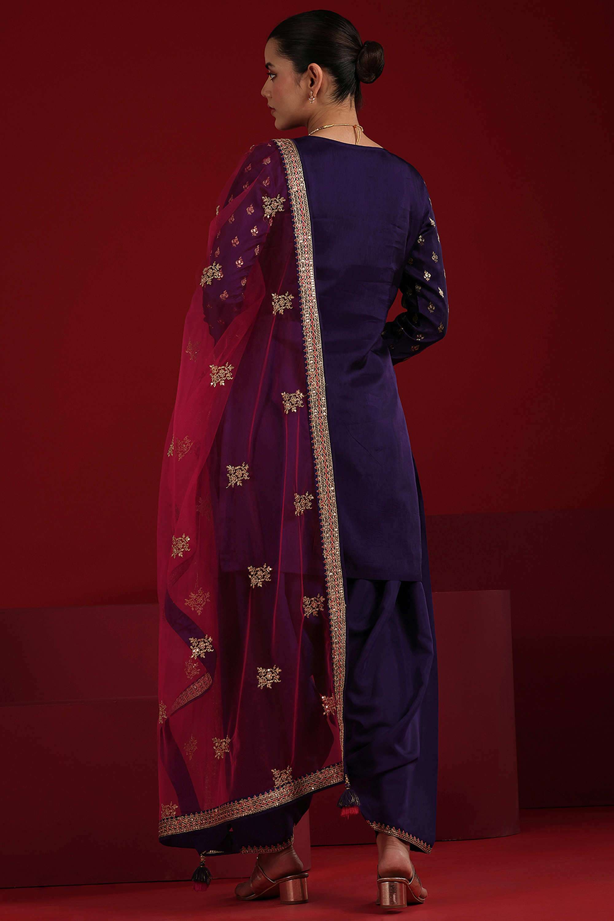 Embroidered-Knee-Length-Silk-Blend-Woven-Women-s-Kurta-Set