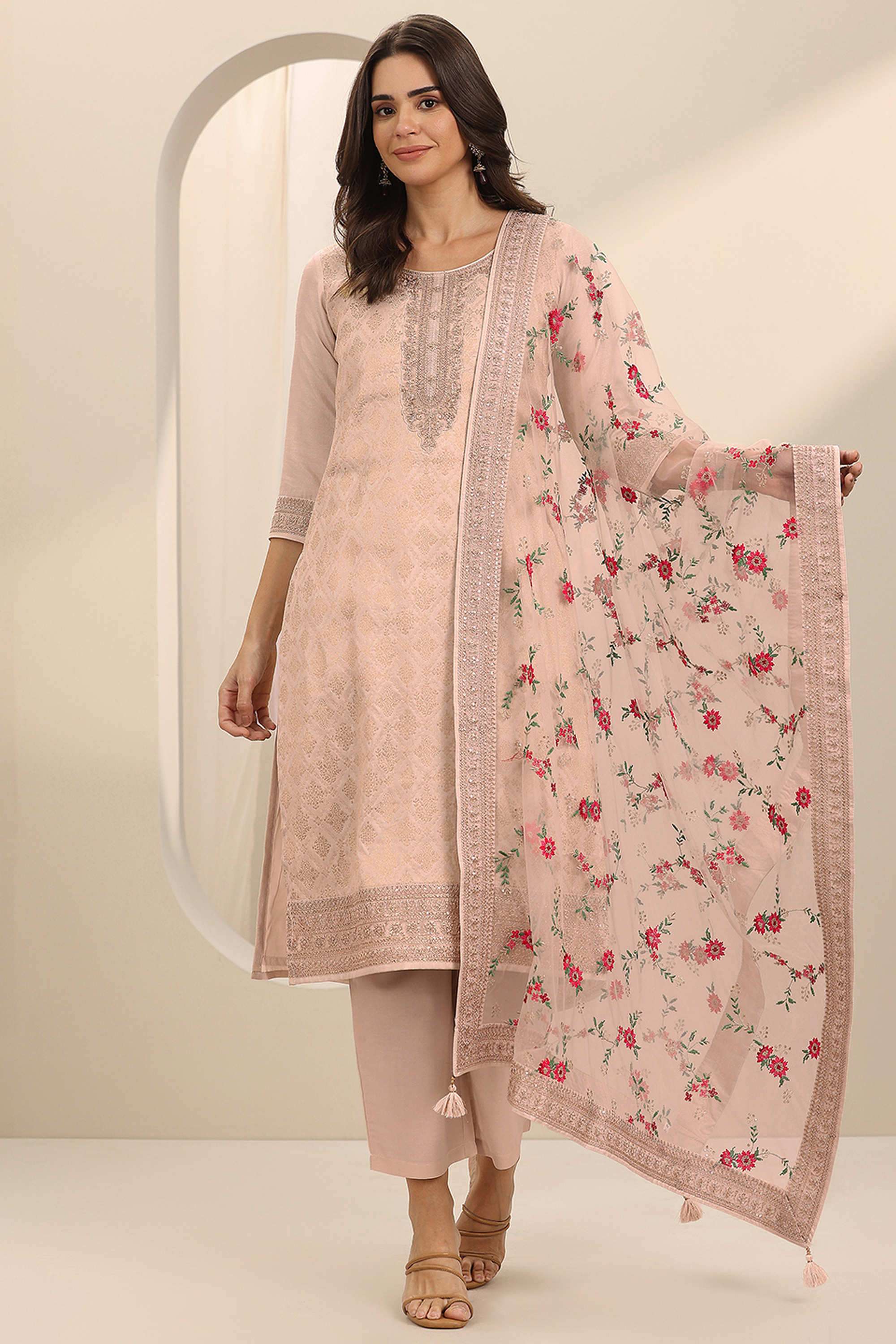 Embroidered-Calf-Length-Silk-Blend-Woven-Women-s-Kurta-Set
