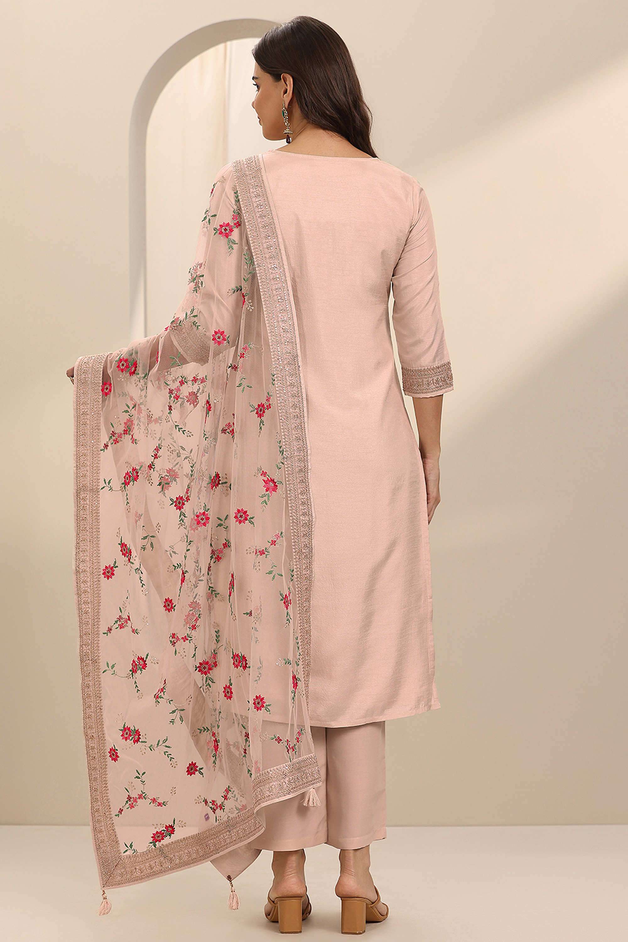 Embroidered-Calf-Length-Silk-Blend-Woven-Women-s-Kurta-Set