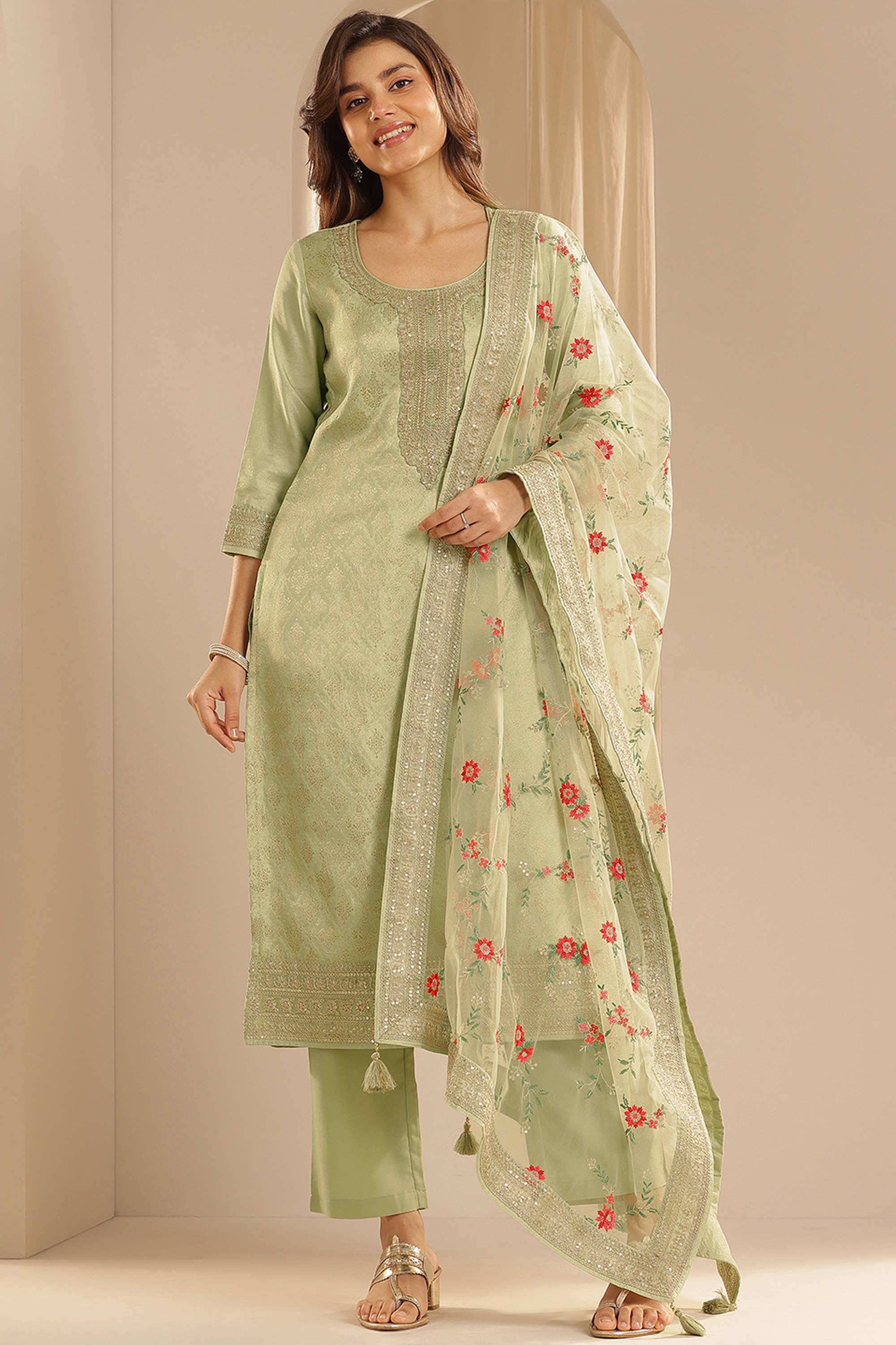 Embroidered-Calf-Length-Silk-Blend-Woven-Women-s-Kurta-Set