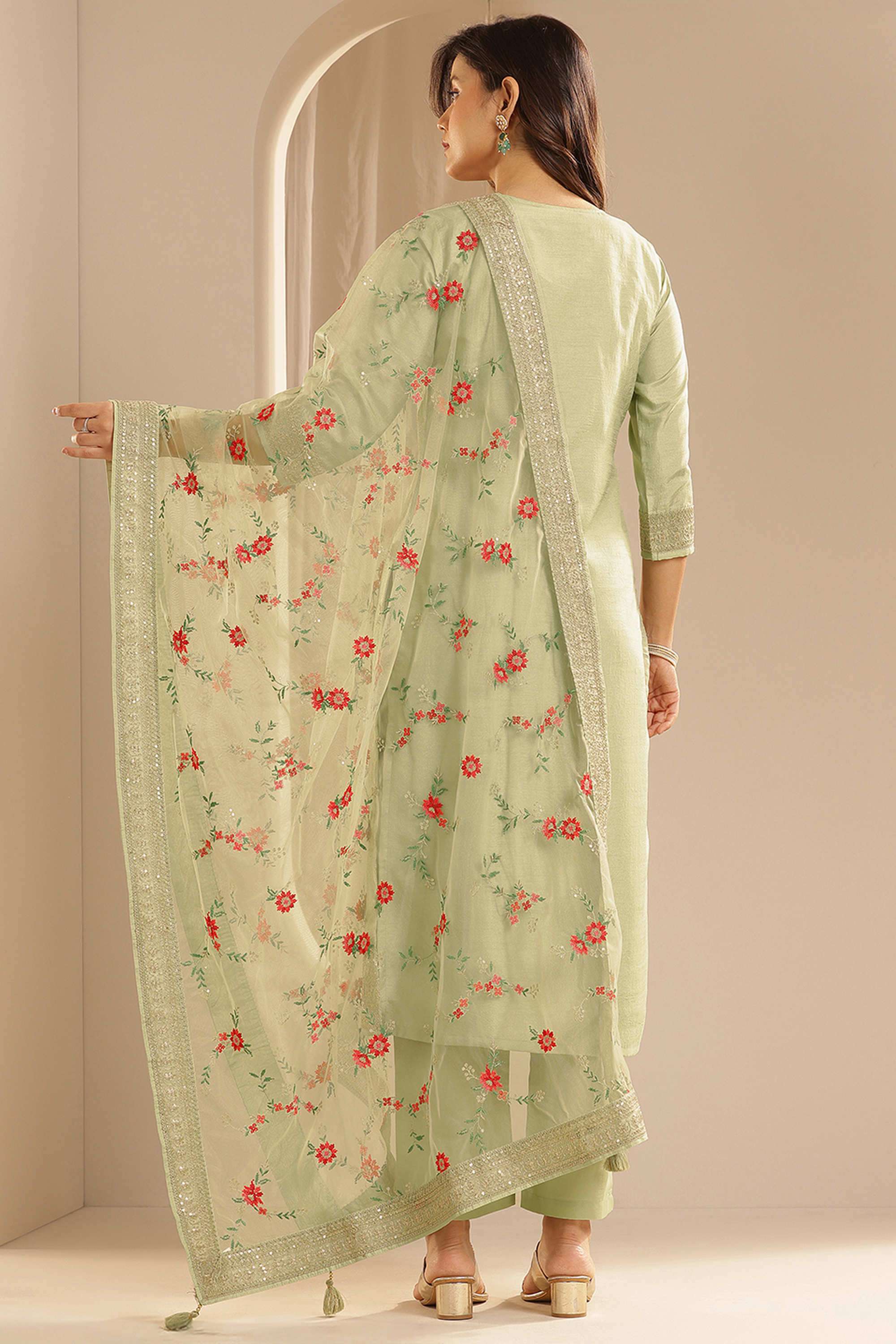 Embroidered-Calf-Length-Silk-Blend-Woven-Women-s-Kurta-Set