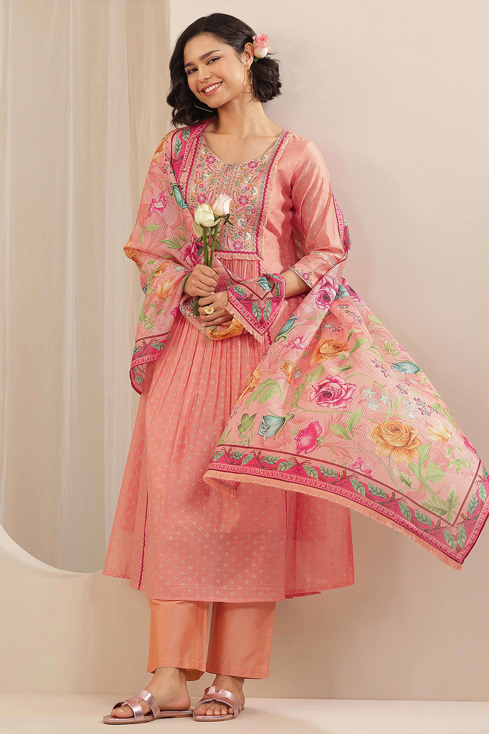 Embroidered-Calf-Length-Silk-Blend-Woven-Women-s-Kurta-Set