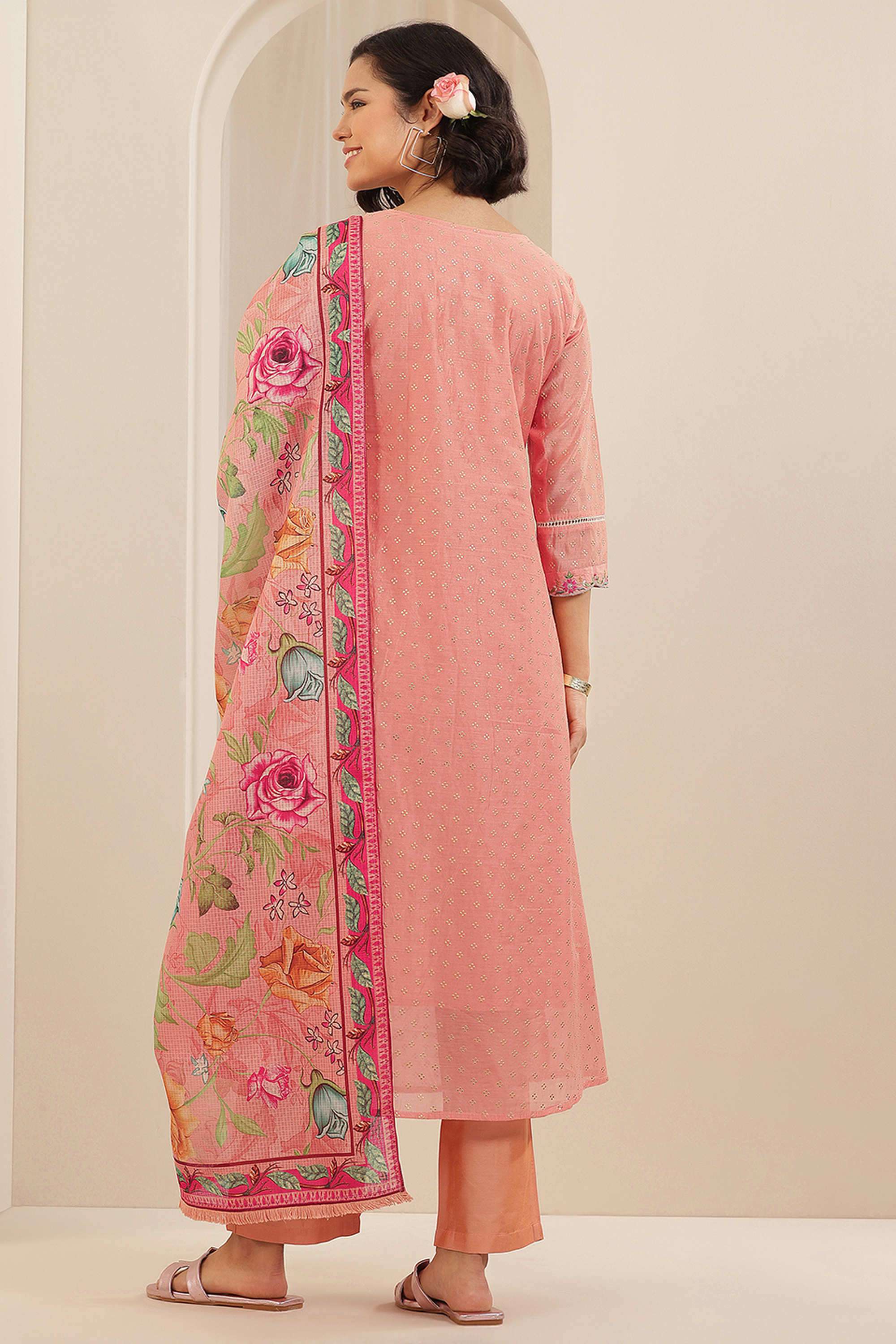 Embroidered-Calf-Length-Silk-Blend-Woven-Women-s-Kurta-Set