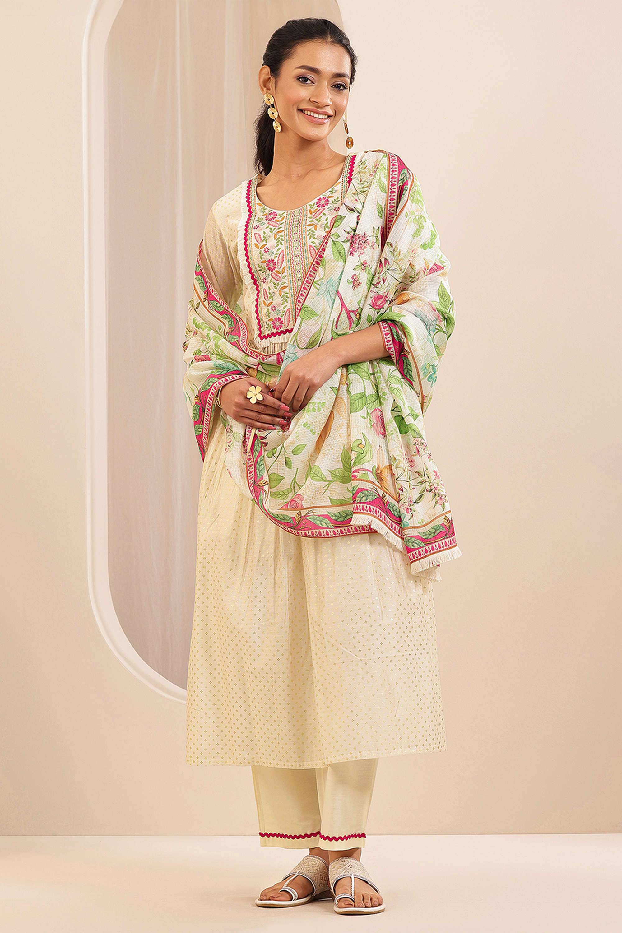 Embroidered-Calf-Length-Silk-Blend-Woven-Women-s-Kurta-Set