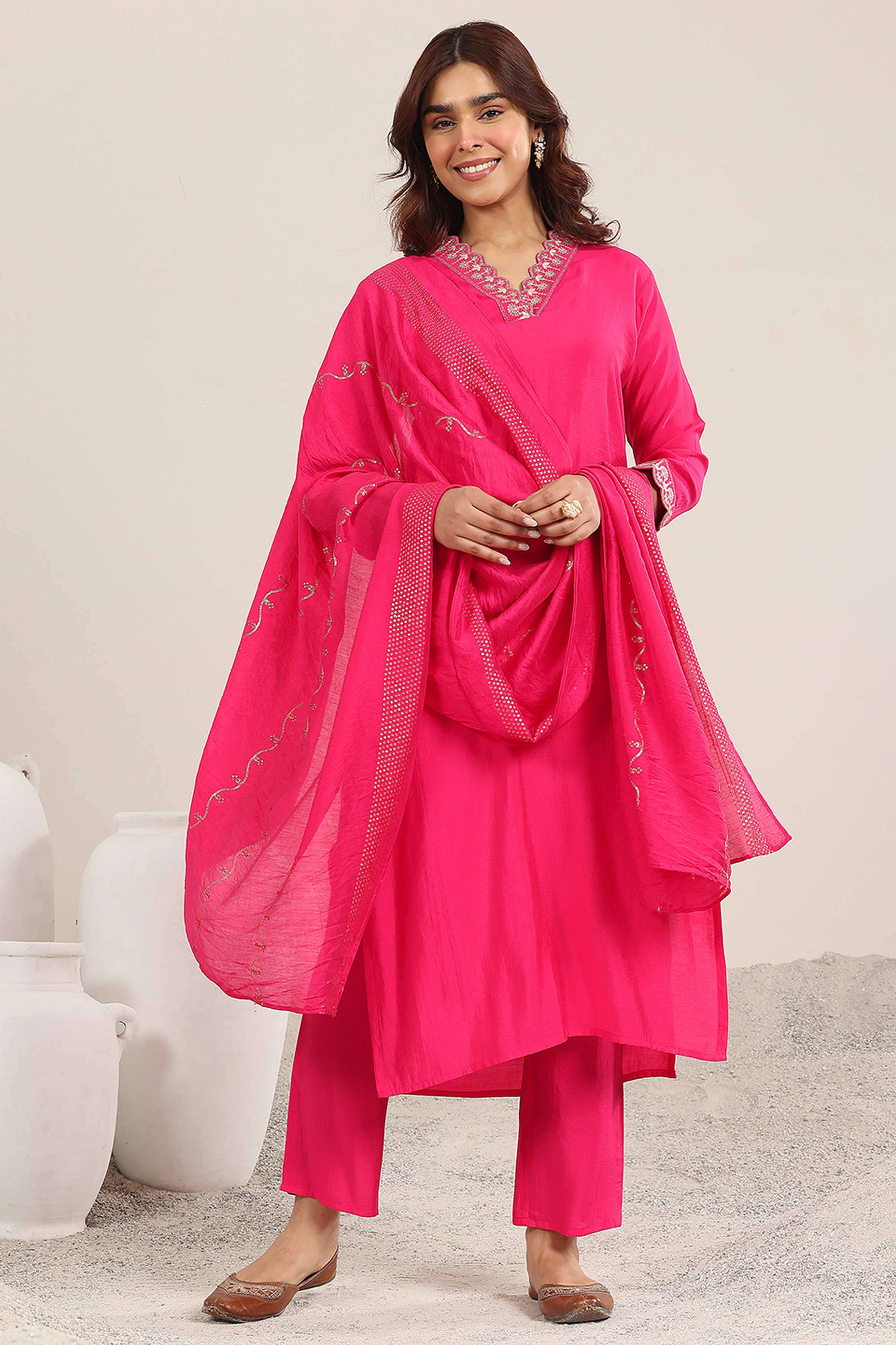 Embroidered-Calf-Length-Silk-Blend-Woven-Women-s-Kurta-Set