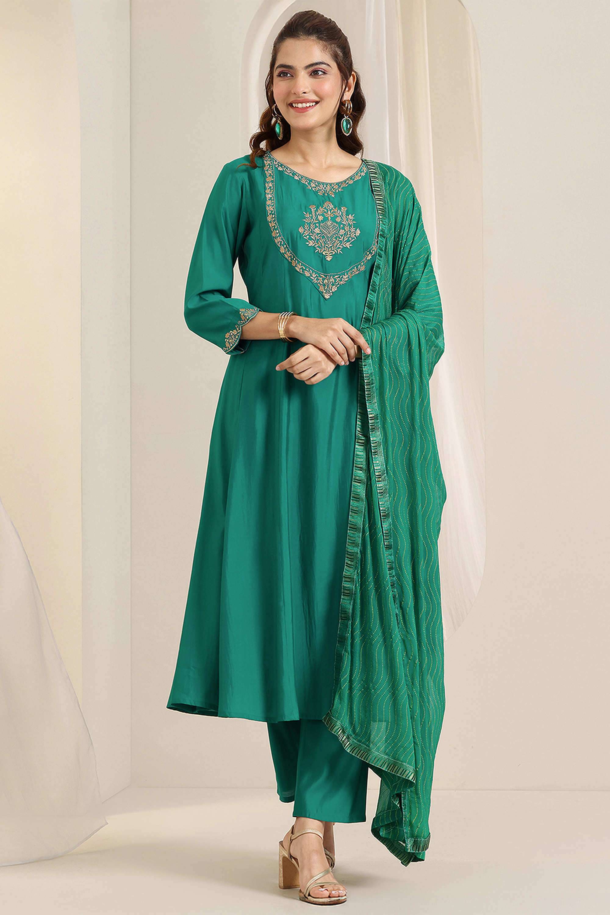 Embroidered-Calf-Length-Silk-blend-Woven-Women-s-Kurta-Set