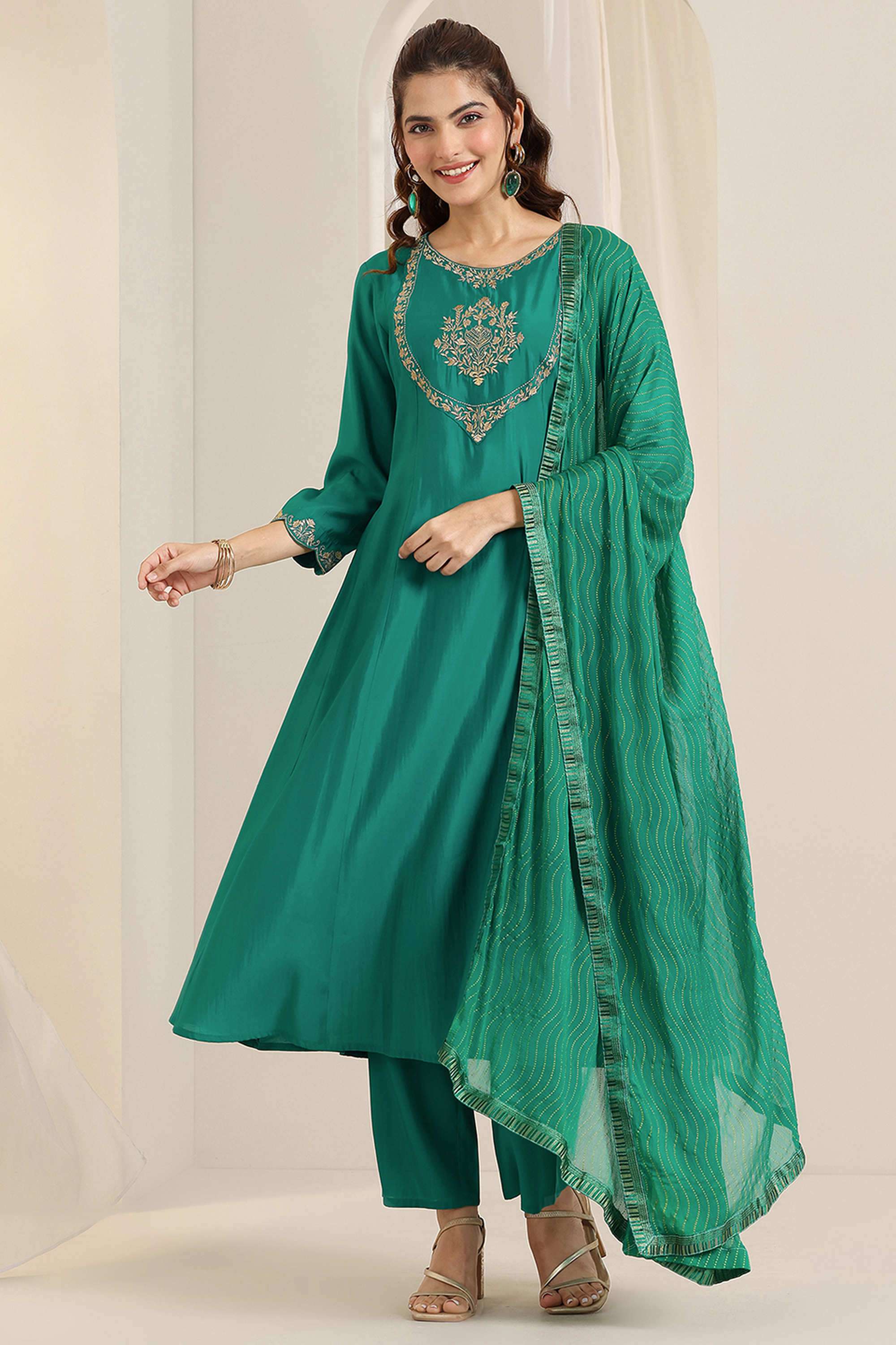 Embroidered-Calf-Length-Silk-blend-Woven-Women-s-Kurta-Set