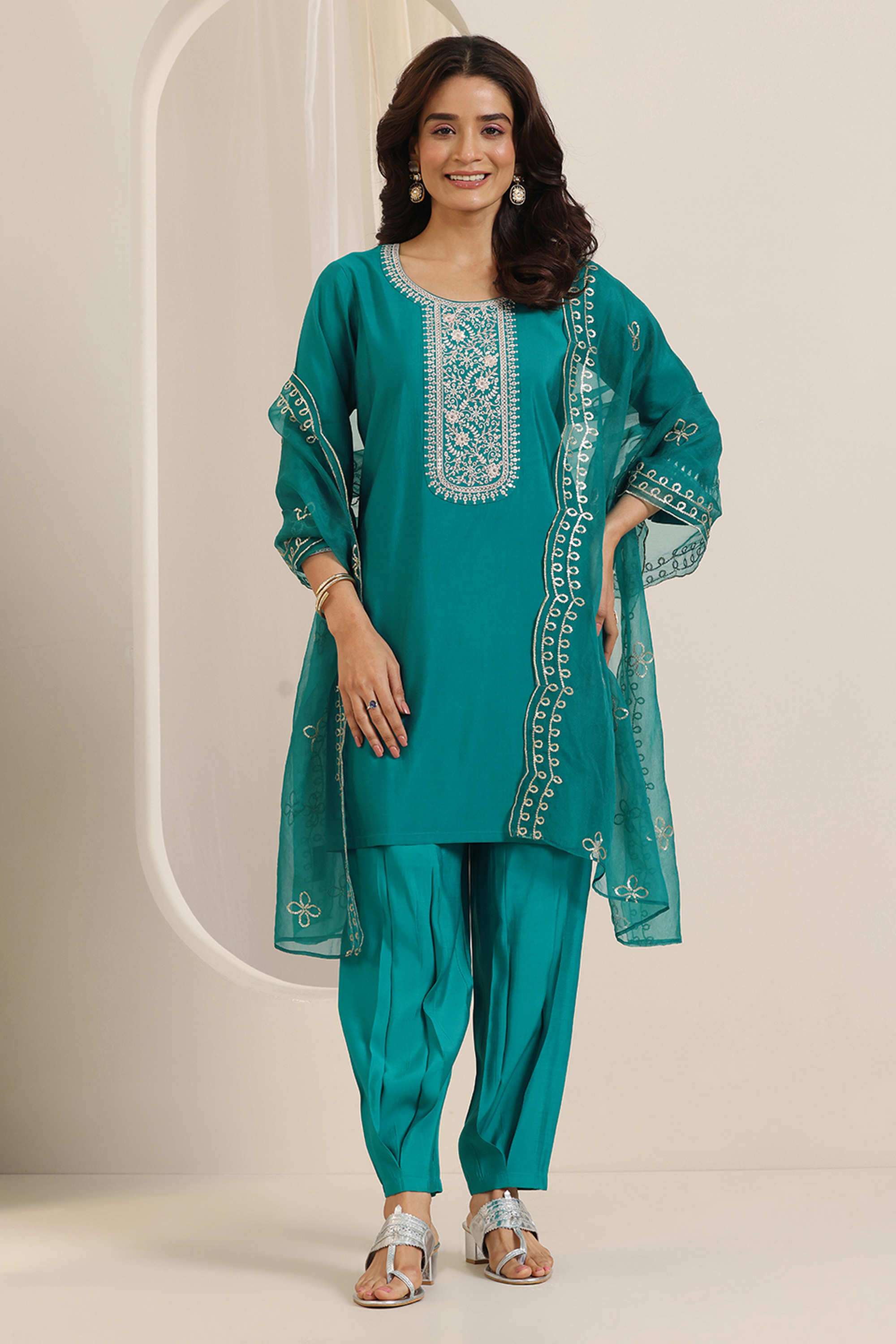 Embroidered-Knee-Length-Silk-Blend-Woven-Women-s-Kurta-Set