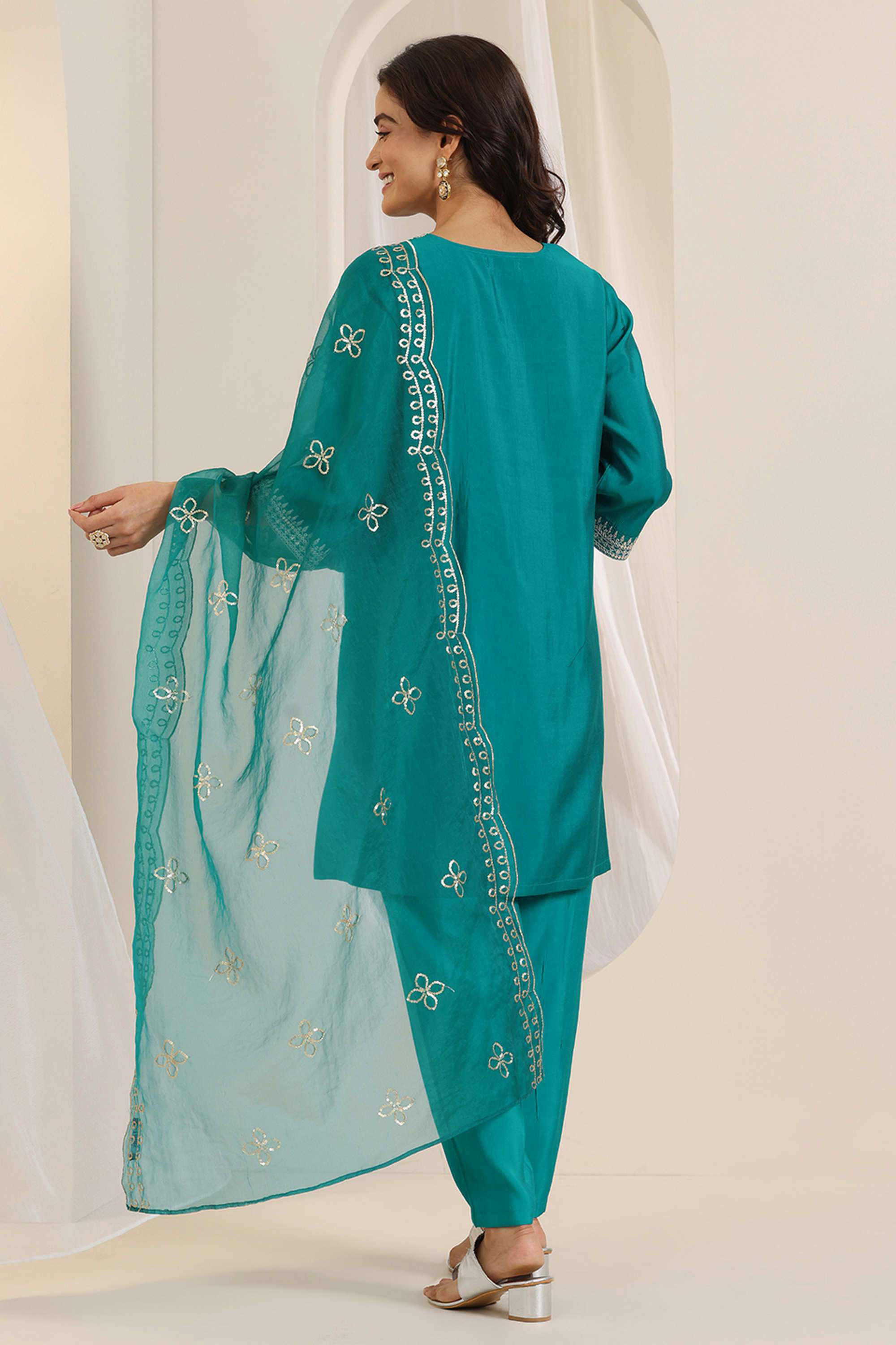 Embroidered-Knee-Length-Silk-Blend-Woven-Women-s-Kurta-Set
