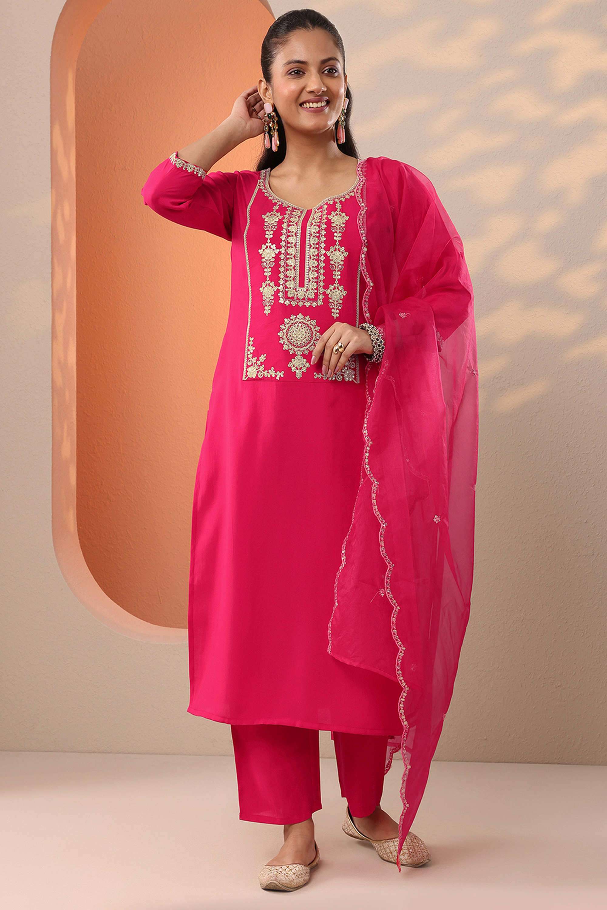 Embroidered-Calf-Length-Silk-Blend-Woven-Women-s-Kurta-Set