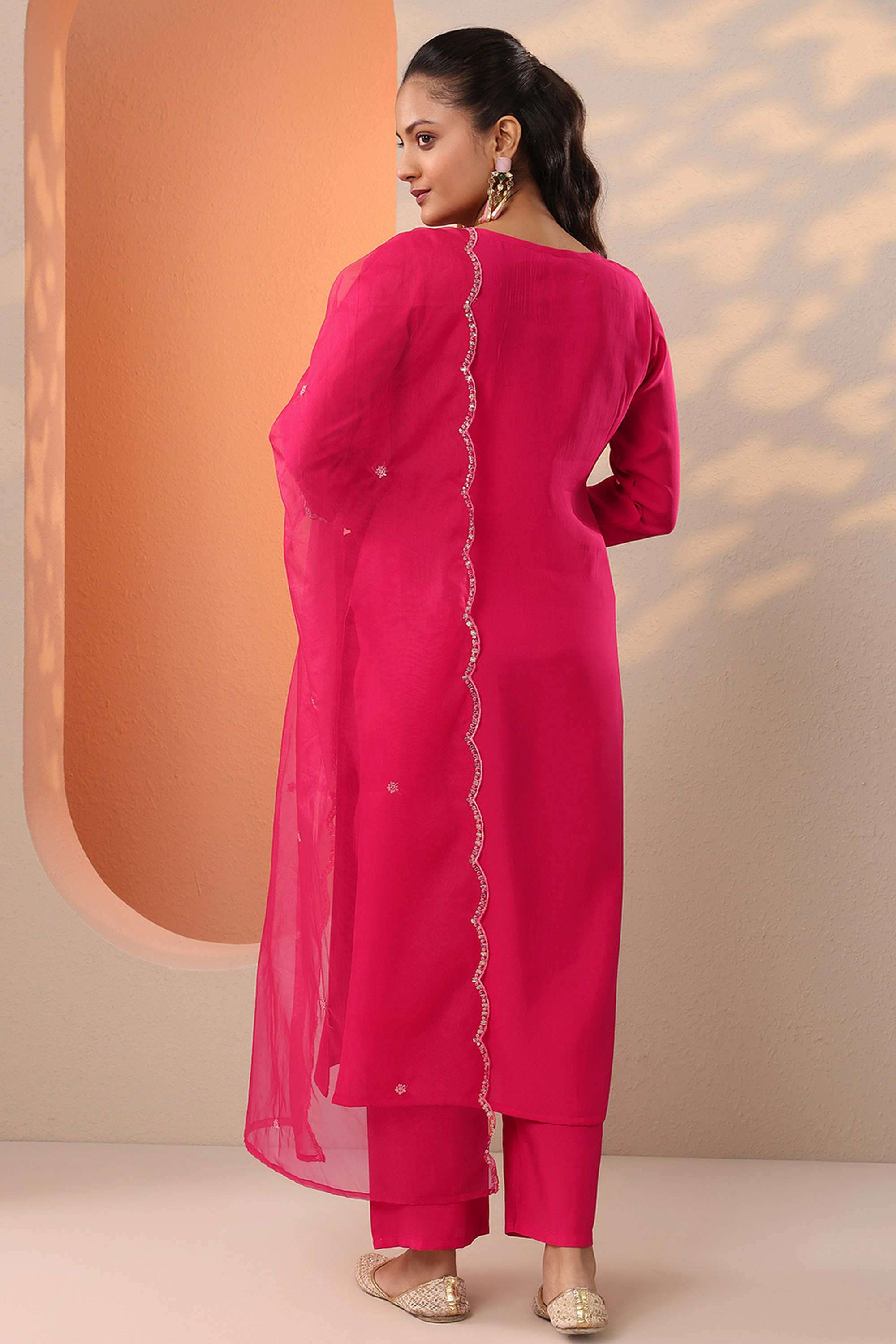 Embroidered-Calf-Length-Silk-Blend-Woven-Women-s-Kurta-Set