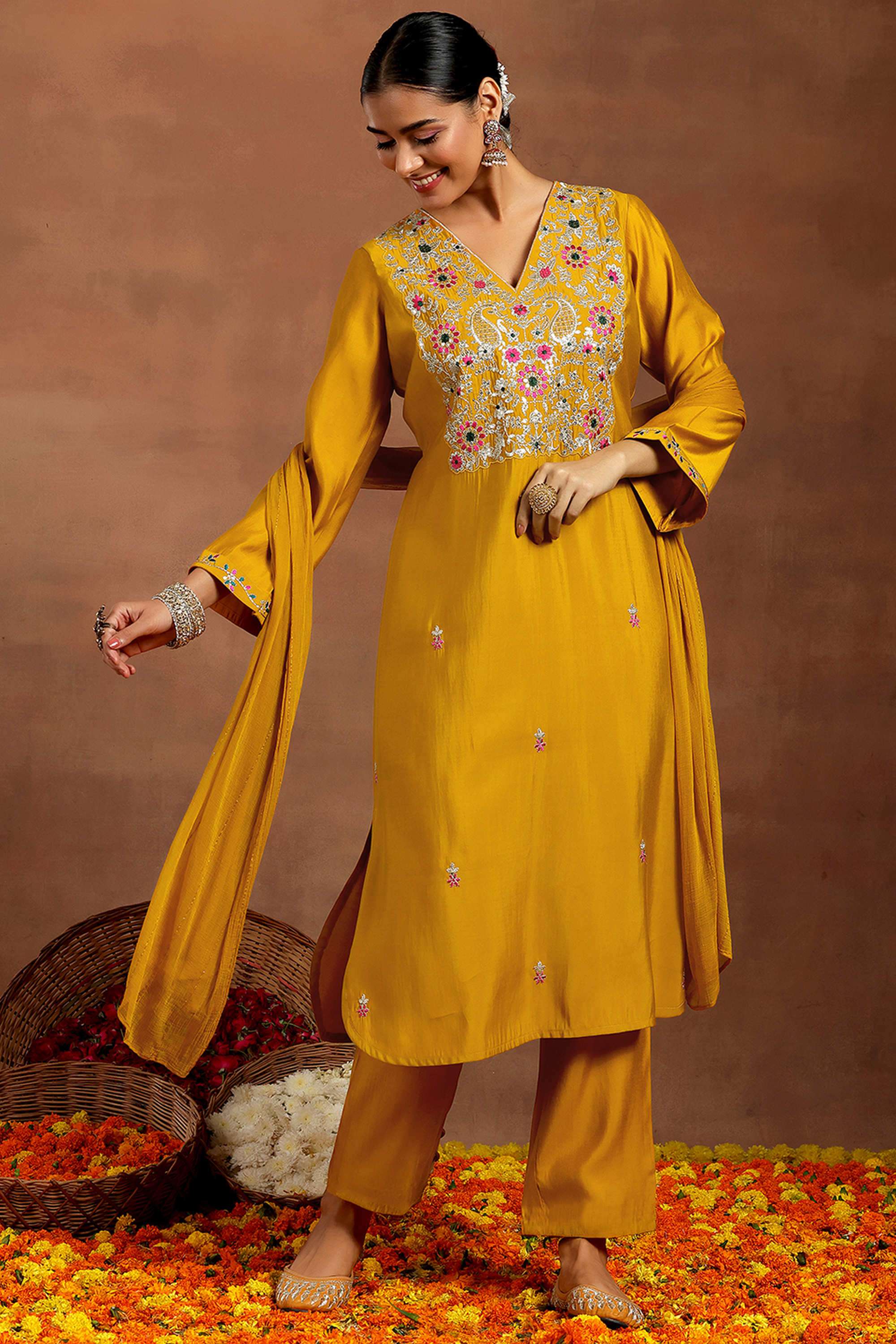 Embroidered-Calf-Length-Silk-Blend-Woven-Women-s-Kurta-Set