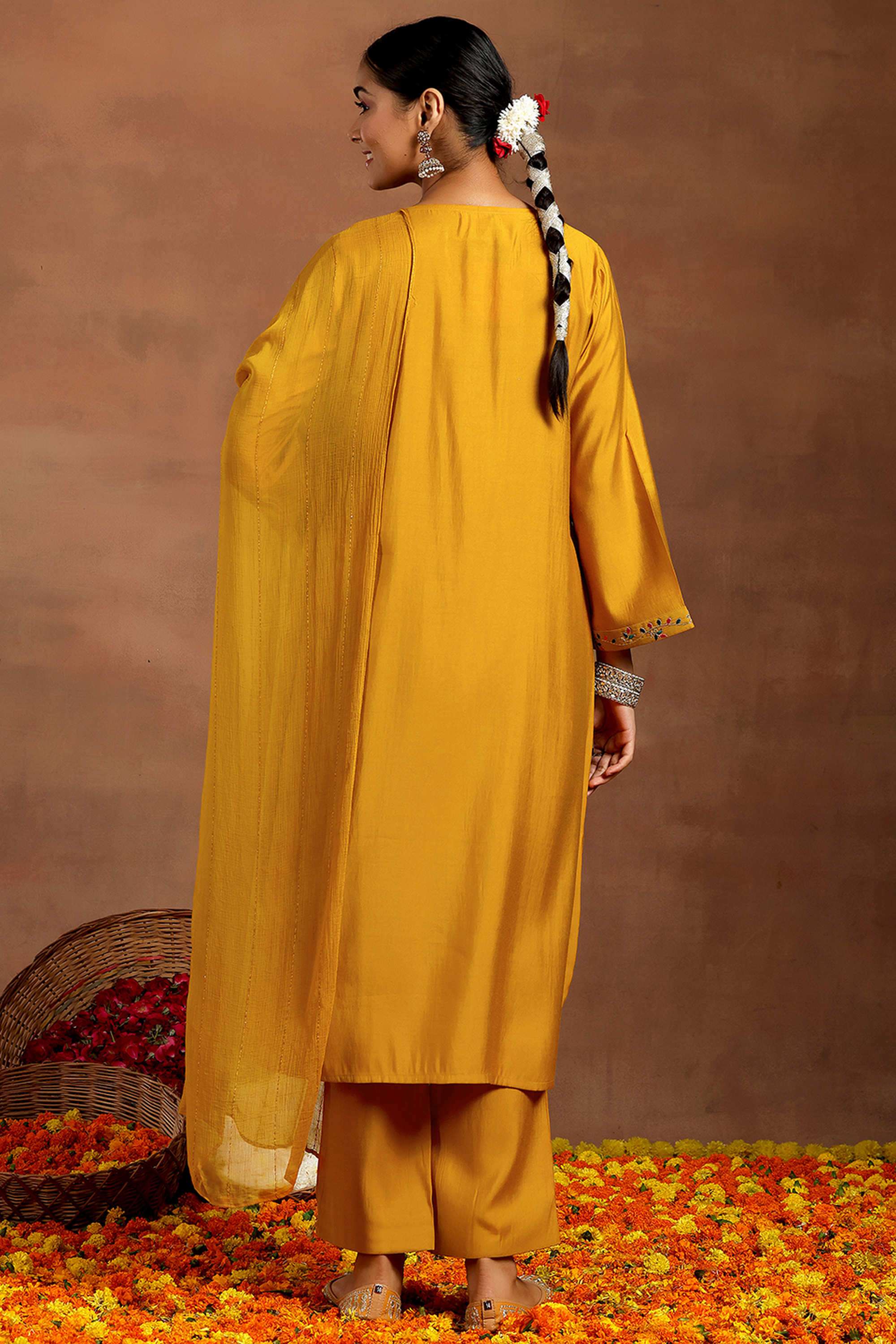 Embroidered-Calf-Length-Silk-Blend-Woven-Women-s-Kurta-Set