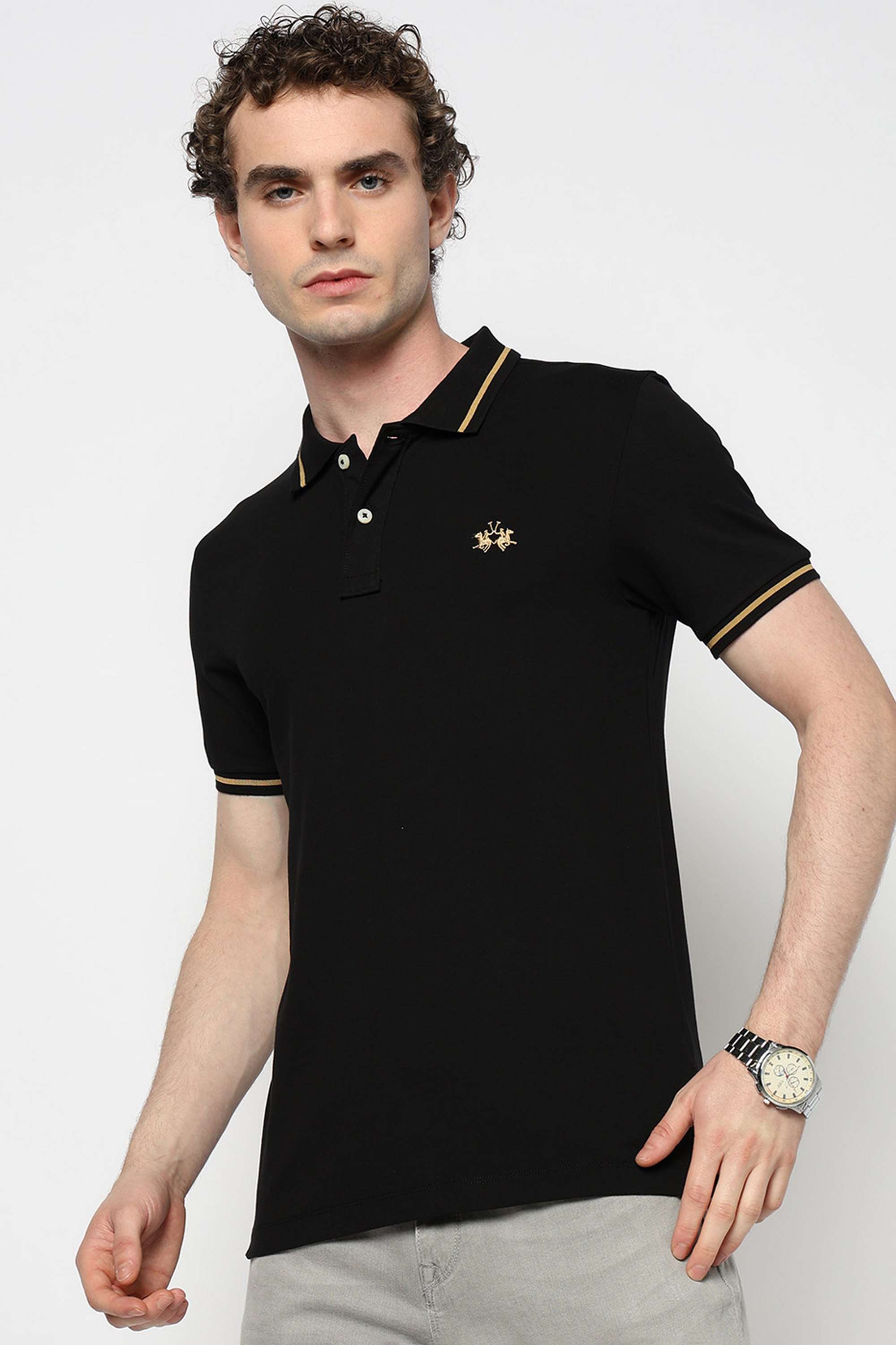 Solid-Blended-Fabric-Slim-Fit-Men-Polo-T-Shirt