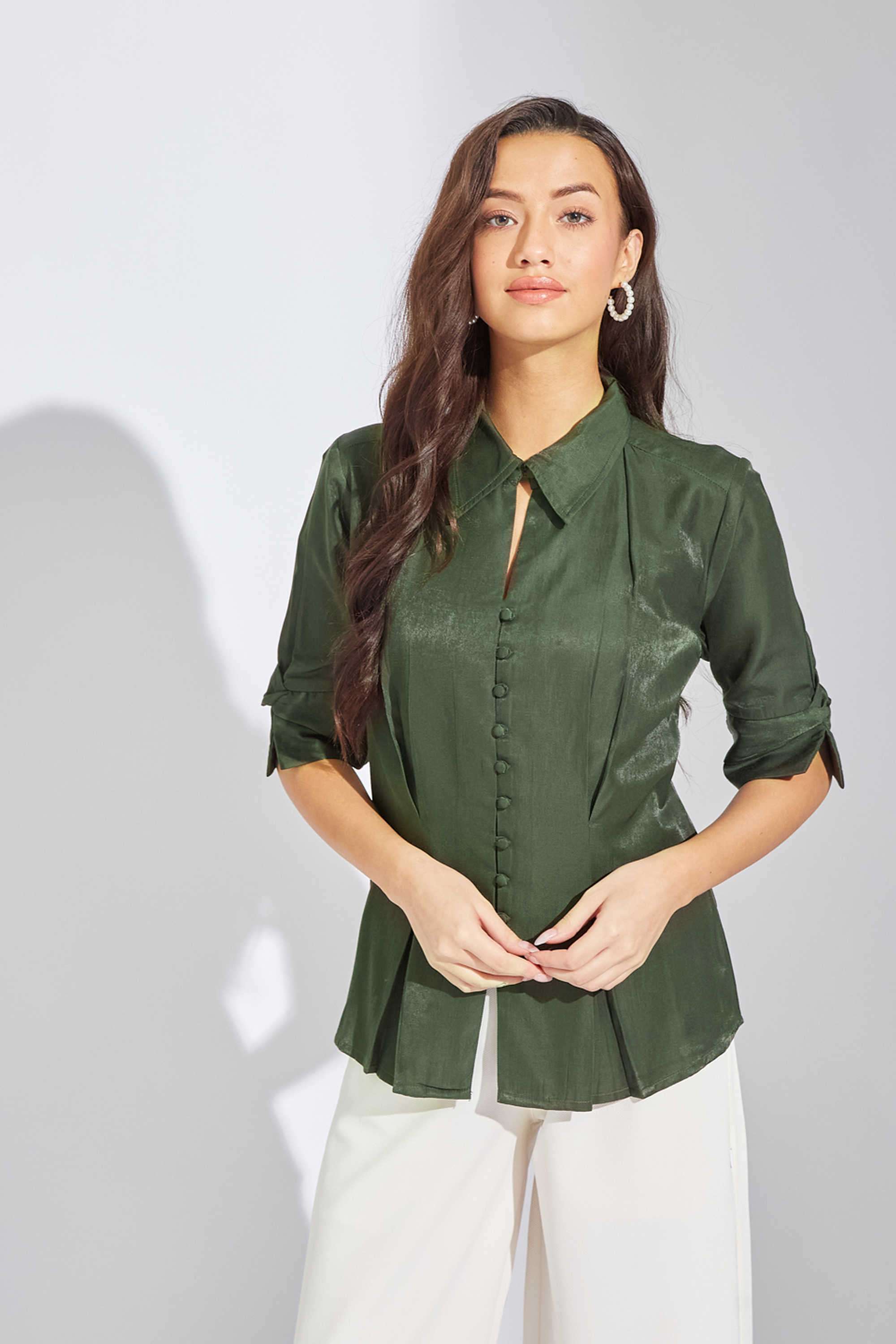Solid-Collared-Blended-Fabric-Women-s-Casual-Wear-Shirt