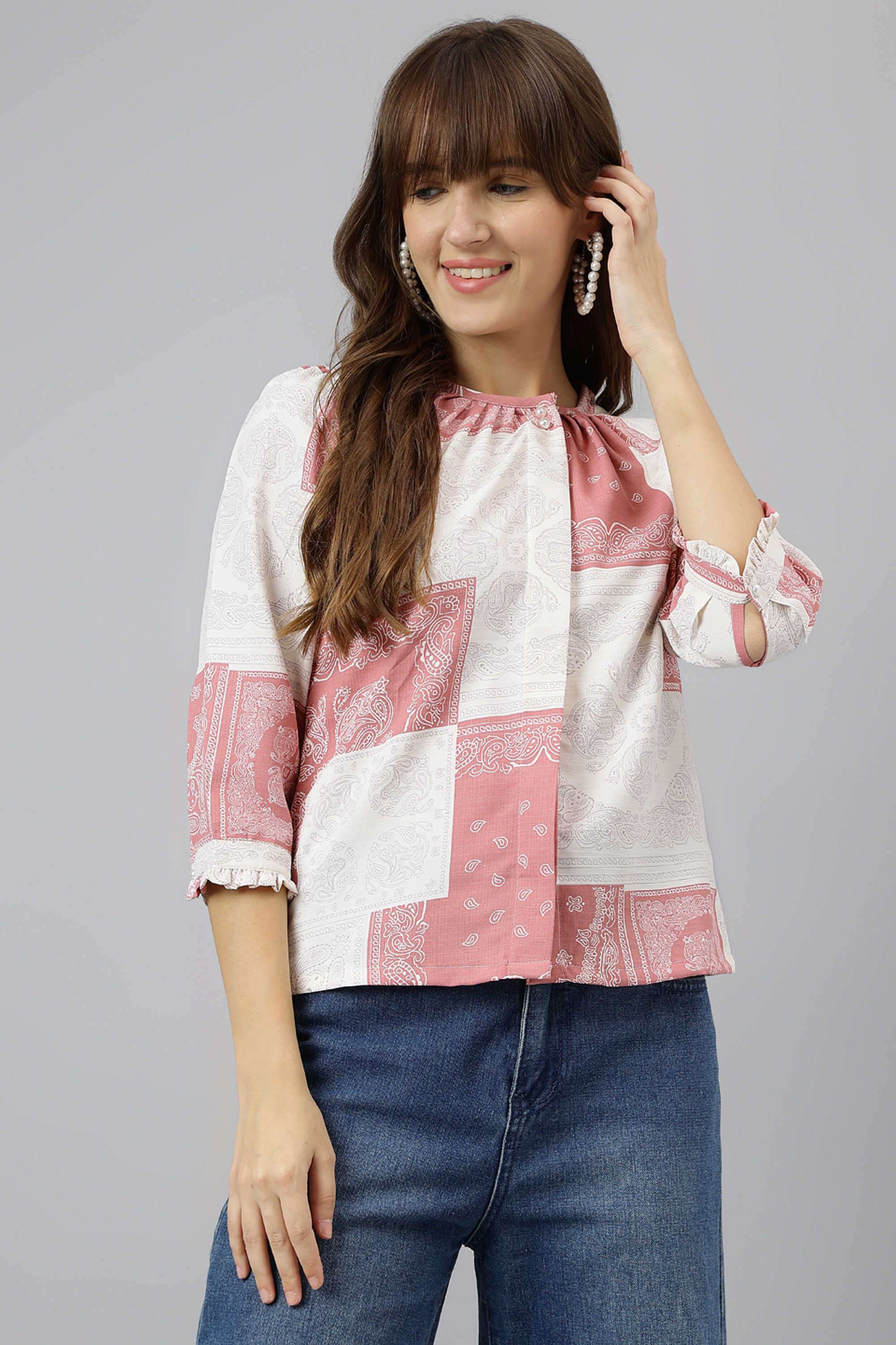 Printed-Round-Neck-Polyester-Women-s-Casual-Wear-Top