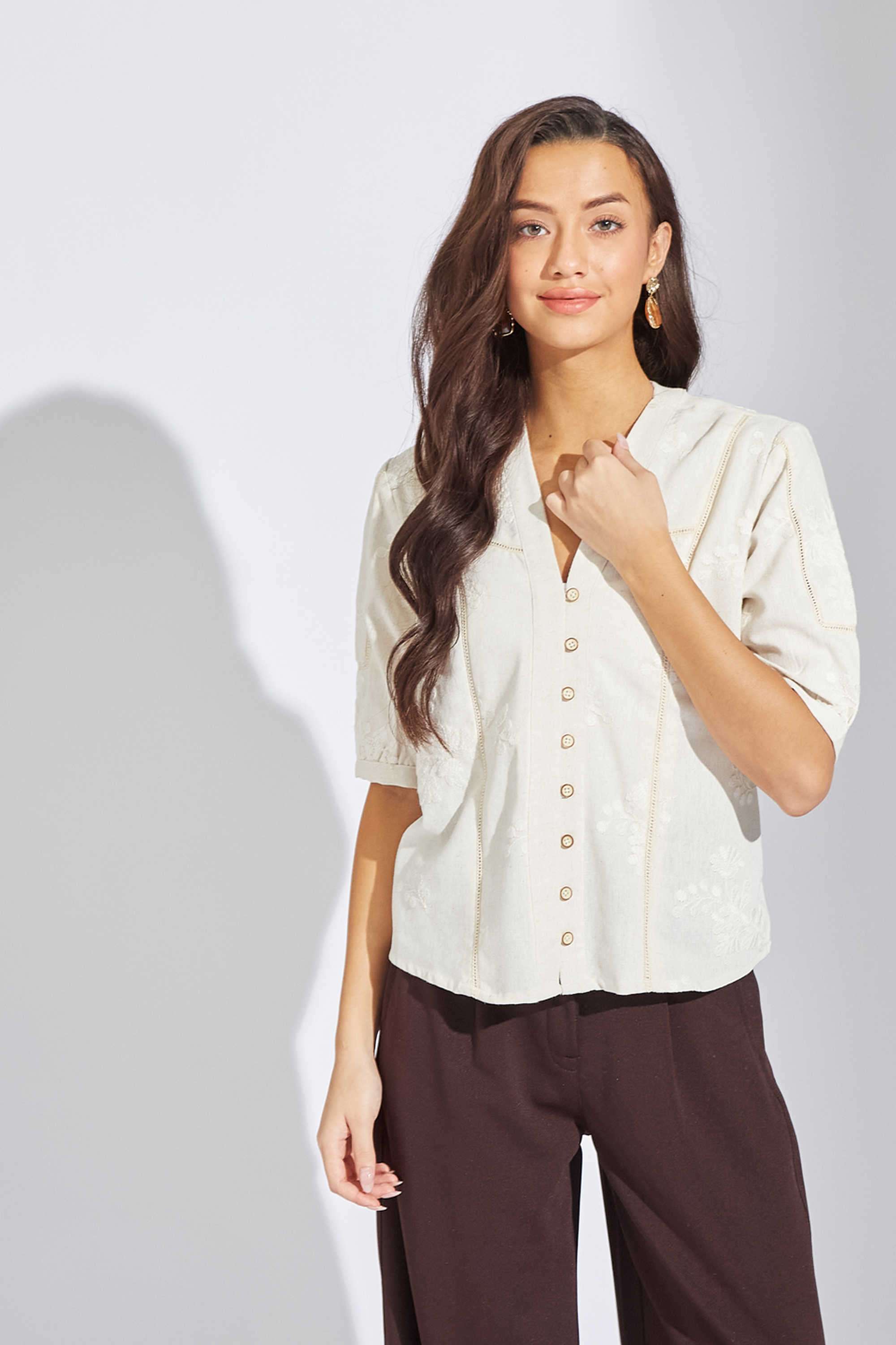 Textured-V-Neck-Linen-Blend-Women-s-Casual-Wear-Shirt