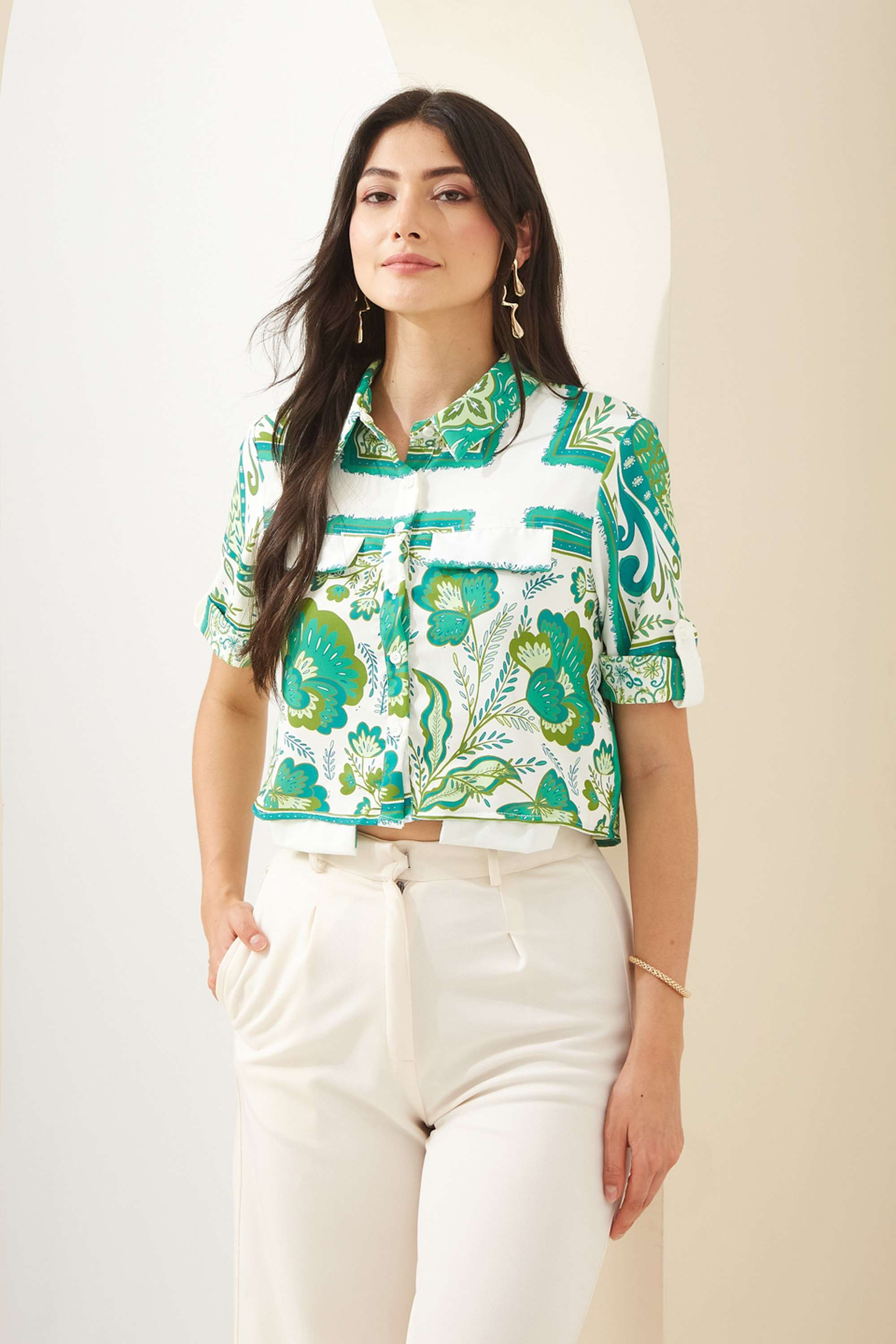 Printed-Polyester-Collared-Women-Casual-Wear-Shirt