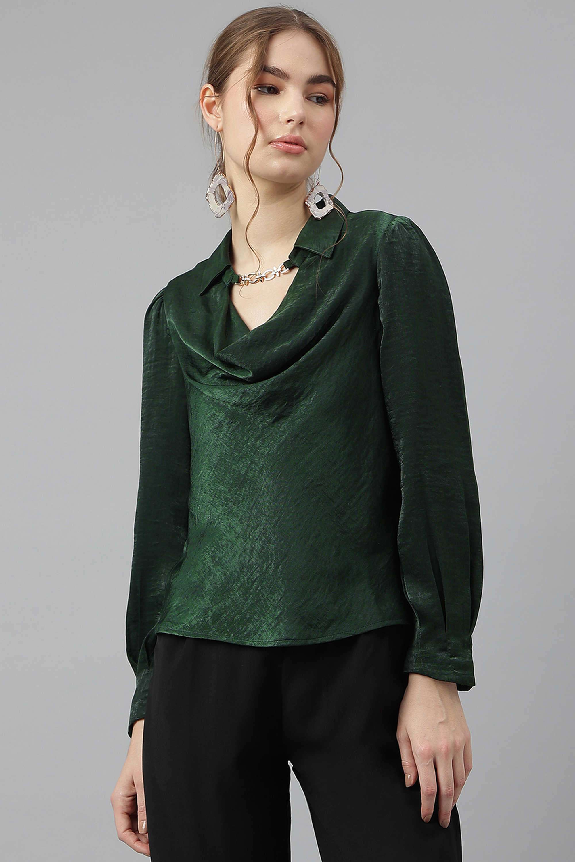 Solid-Collared-Polyester-Women-s-Casual-Wear-Top