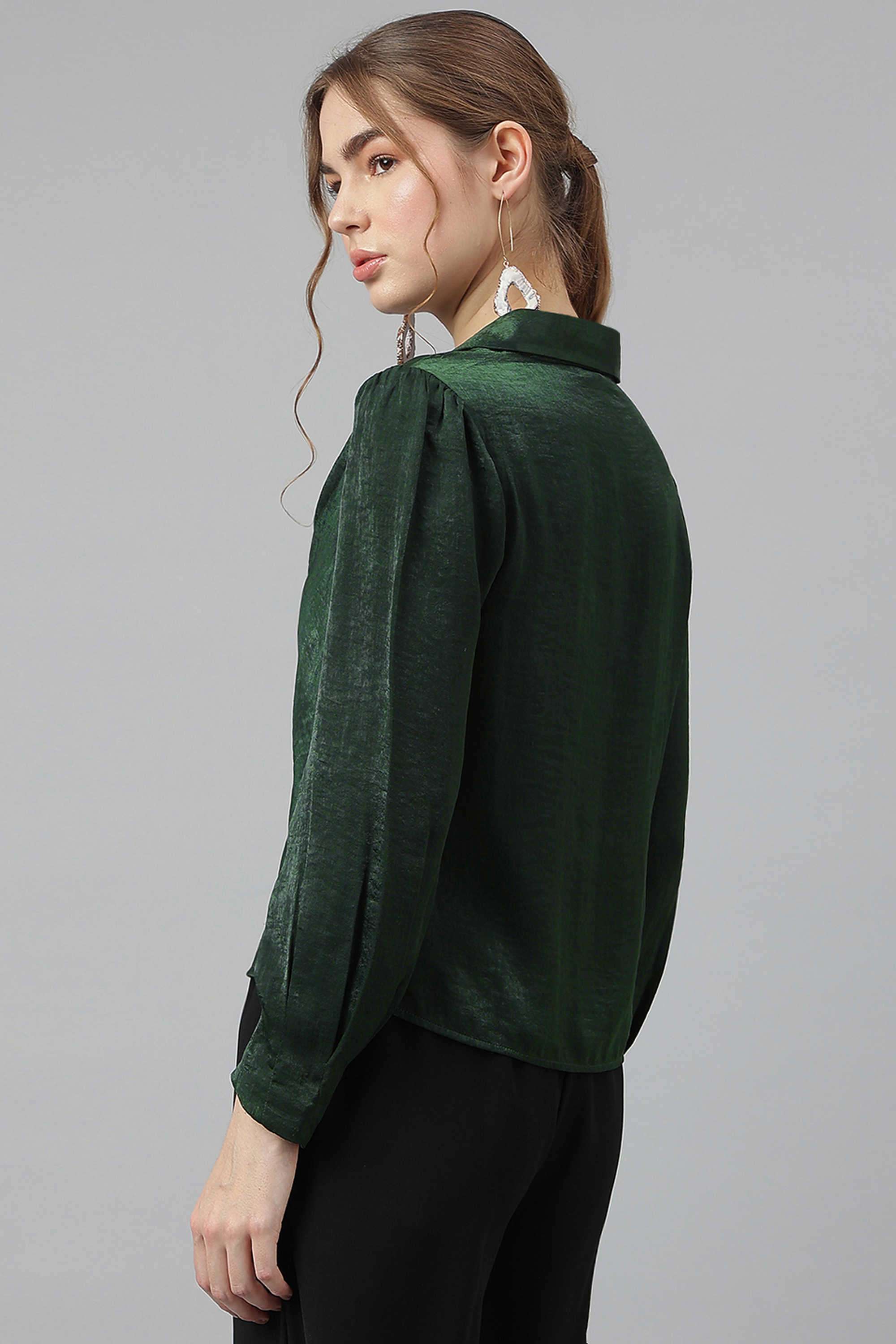 Solid-Polyester-Collared-Women-Top