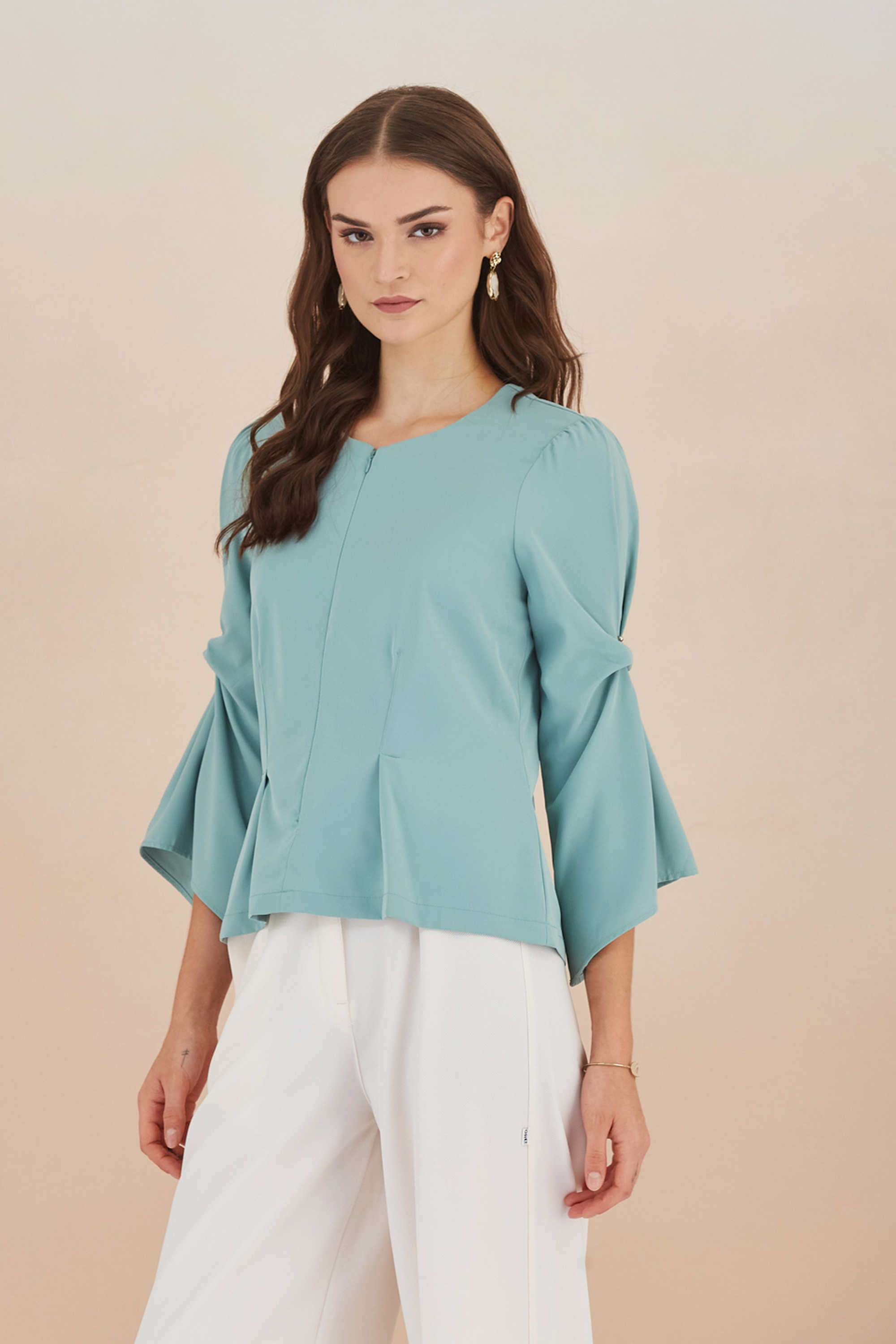 Solid-Polyester-Round-Neck-Women-Top