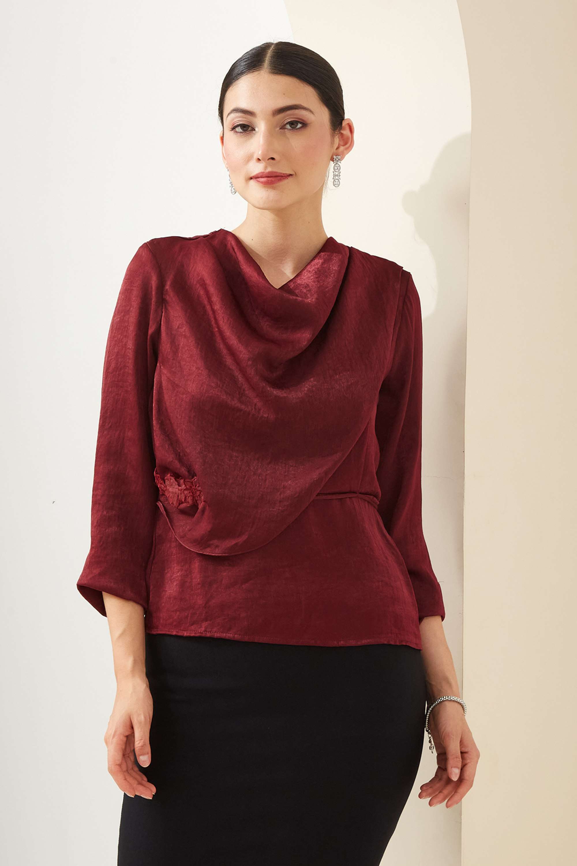 solid-Polyester-Cowl-Neck-Women-Casual-Wear-Top